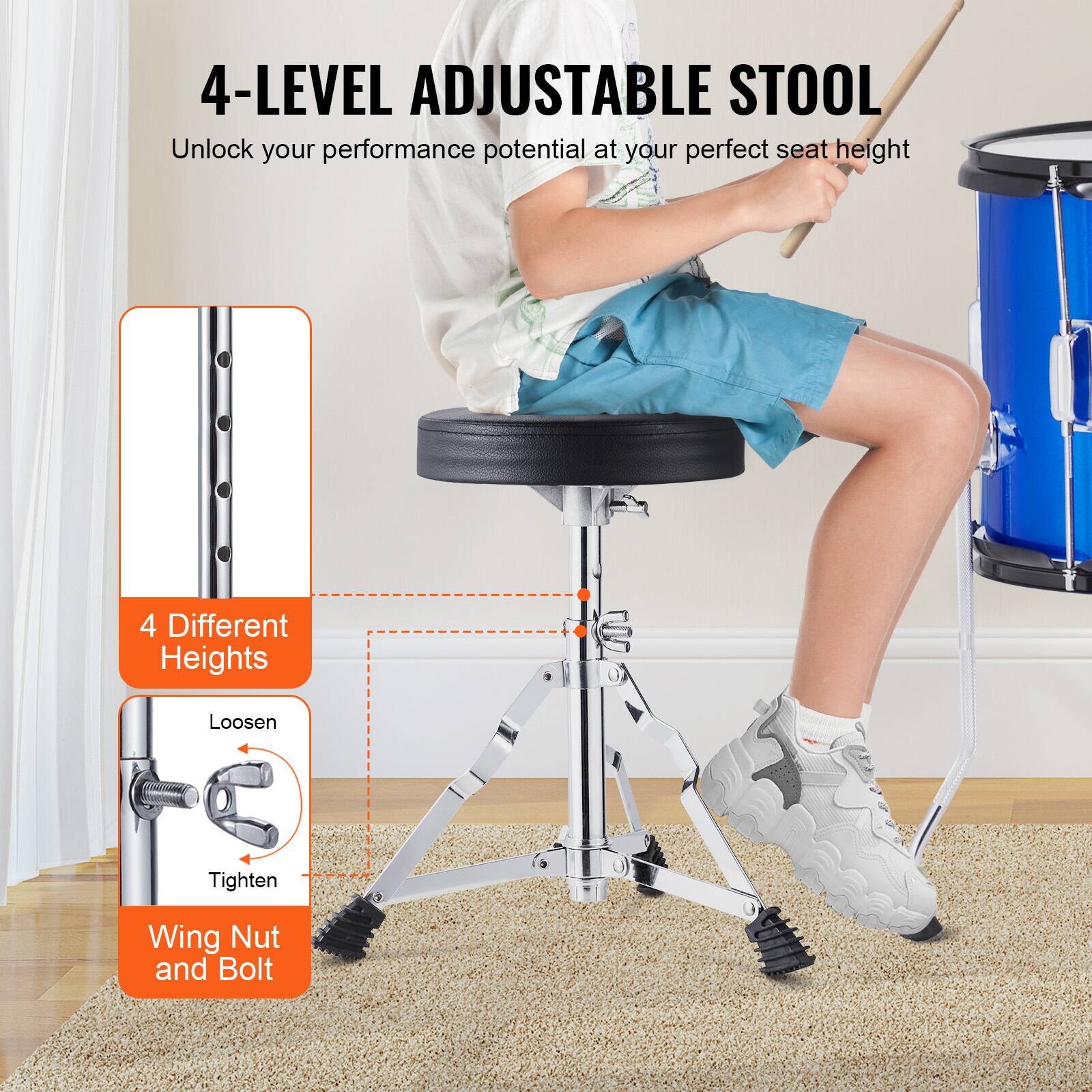 4-LEVEL ADJUSTABLE STOOL  
Unlock your performance potential at your perfect seat height  

4 Different Heights  
Loosen Tighten Wing Nut and Bolt