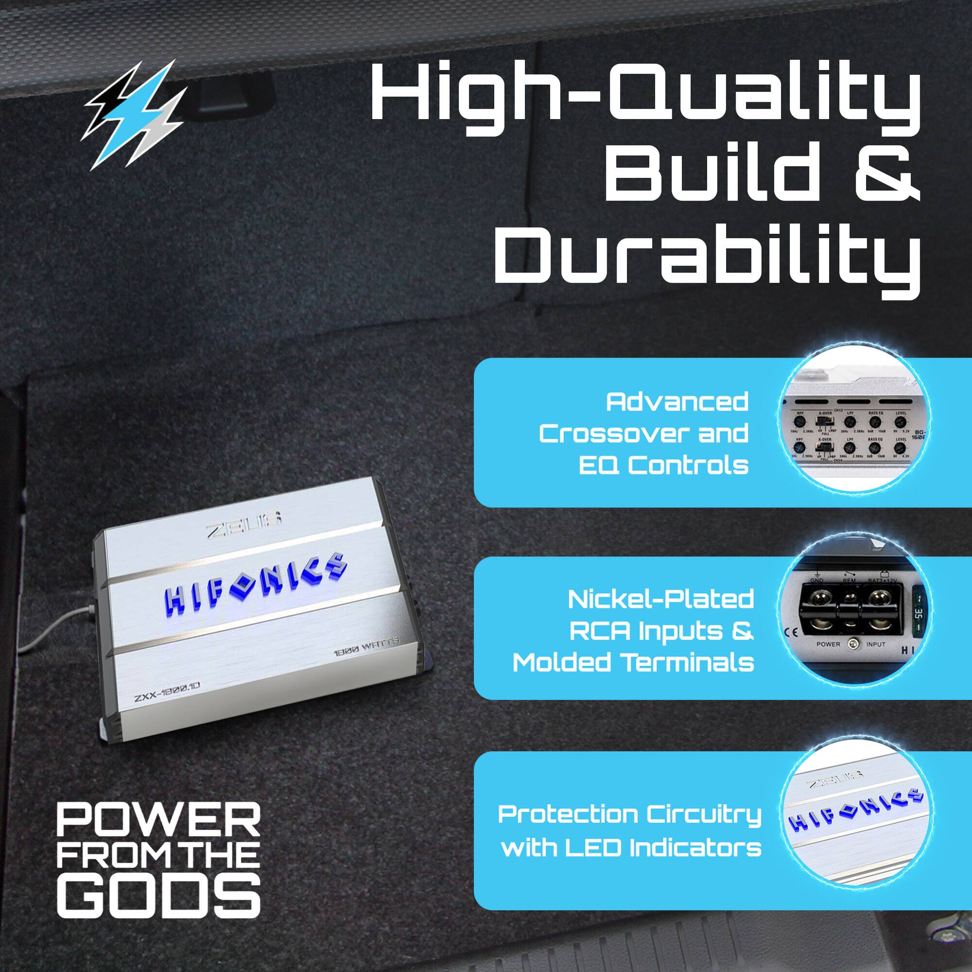 High-Quality Build & Durability

- Advanced Crossover and EQ Controls
- Nickel-Plated RCA Inputs & Molded Terminals
- Protection Circuitry with LED Indicators

POWER FROM THE GODS