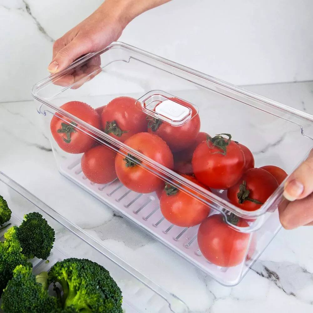 Alt View 1. OU - OU Fridge Organizer Set with Lids, Refrigerator Storage Bins with Drainer Tray and Vent Lid, 5 Pack - Clear.