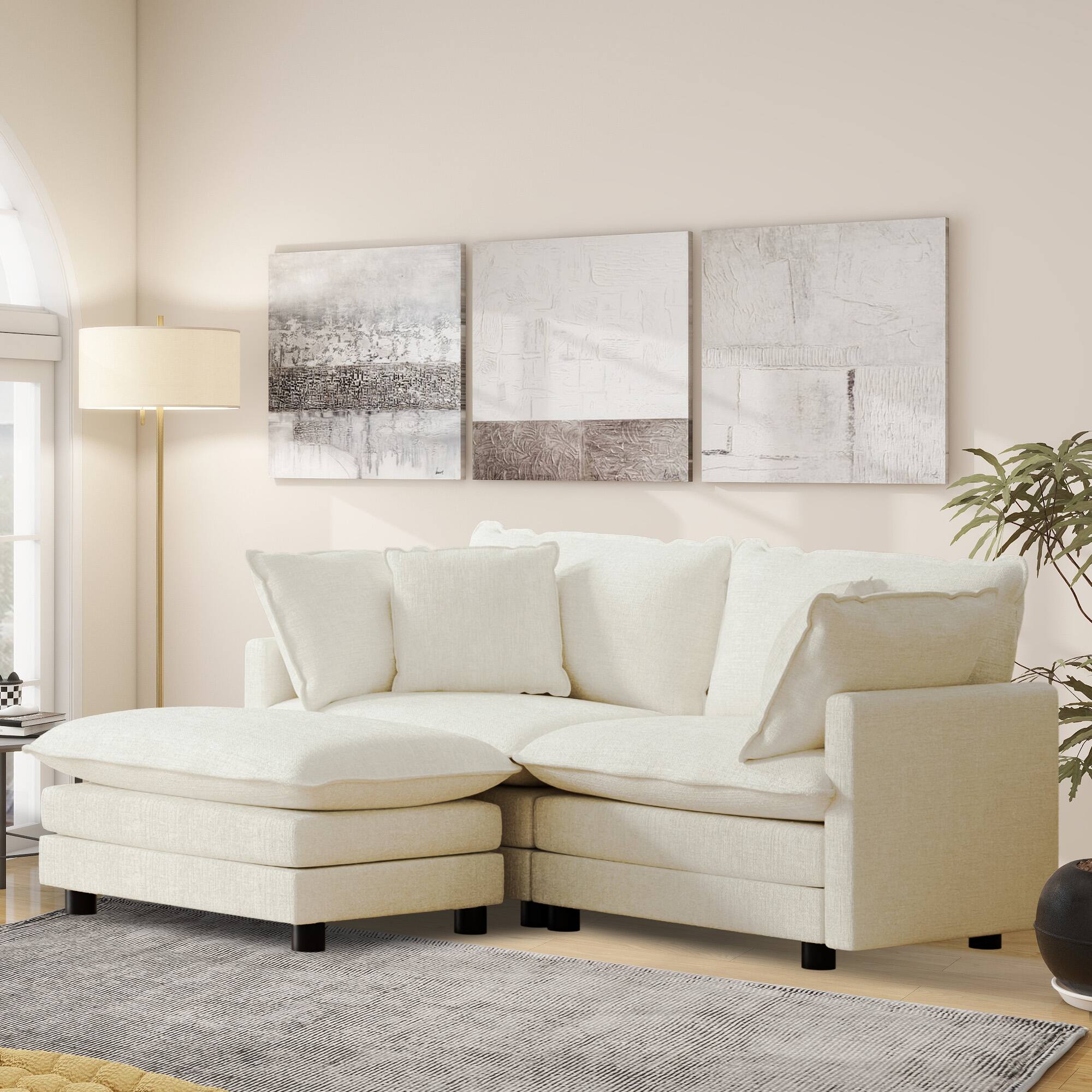 Alt View 5. KERDOM - Upholstery Living Room Modular Sectional Sofa with 1 Ottoman, Pillows & Armrest, Comfortable Convertible Sleeper Chaise - Beige.