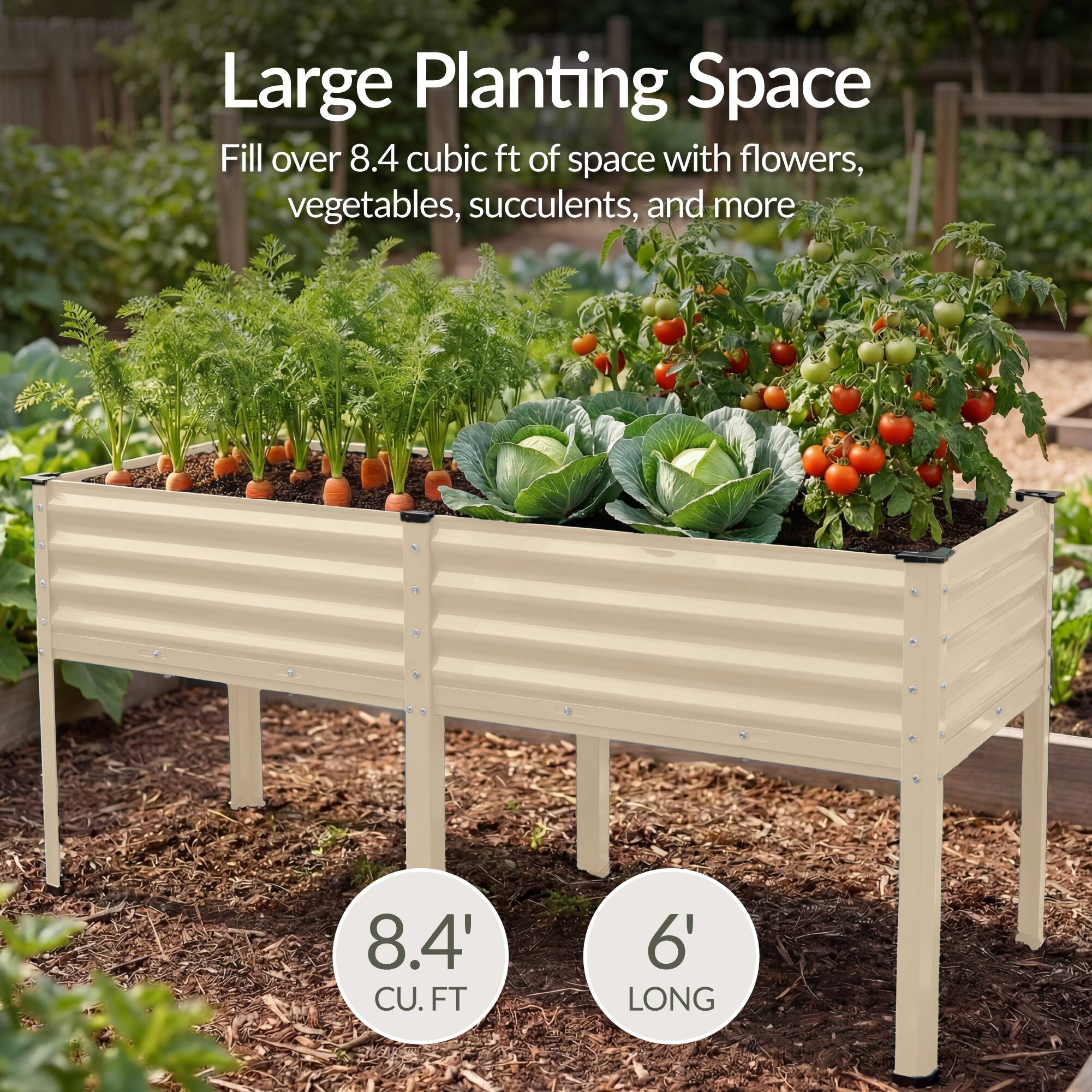 Large Planting Space  
Fill over 8.4 cubic ft of space with flowers, vegetables, succulents, and more  
8.4' CU. FT  
6' LONG