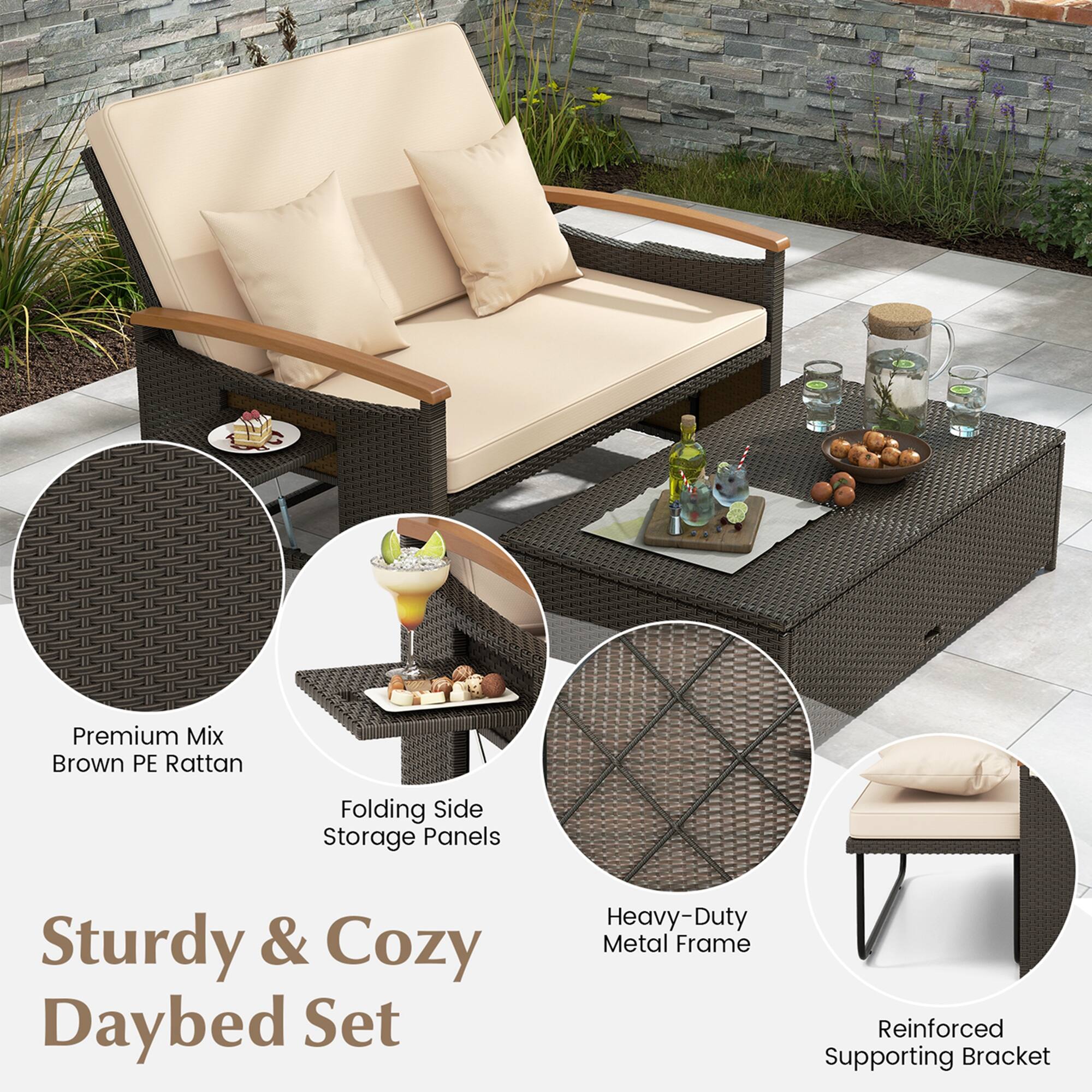 Premium Mix Brown PE Rattan Folding Side Storage Panels Sturdy & Cozy Daybed Set Heavy-Duty Metal Frame Reinforced Supporting Bracket