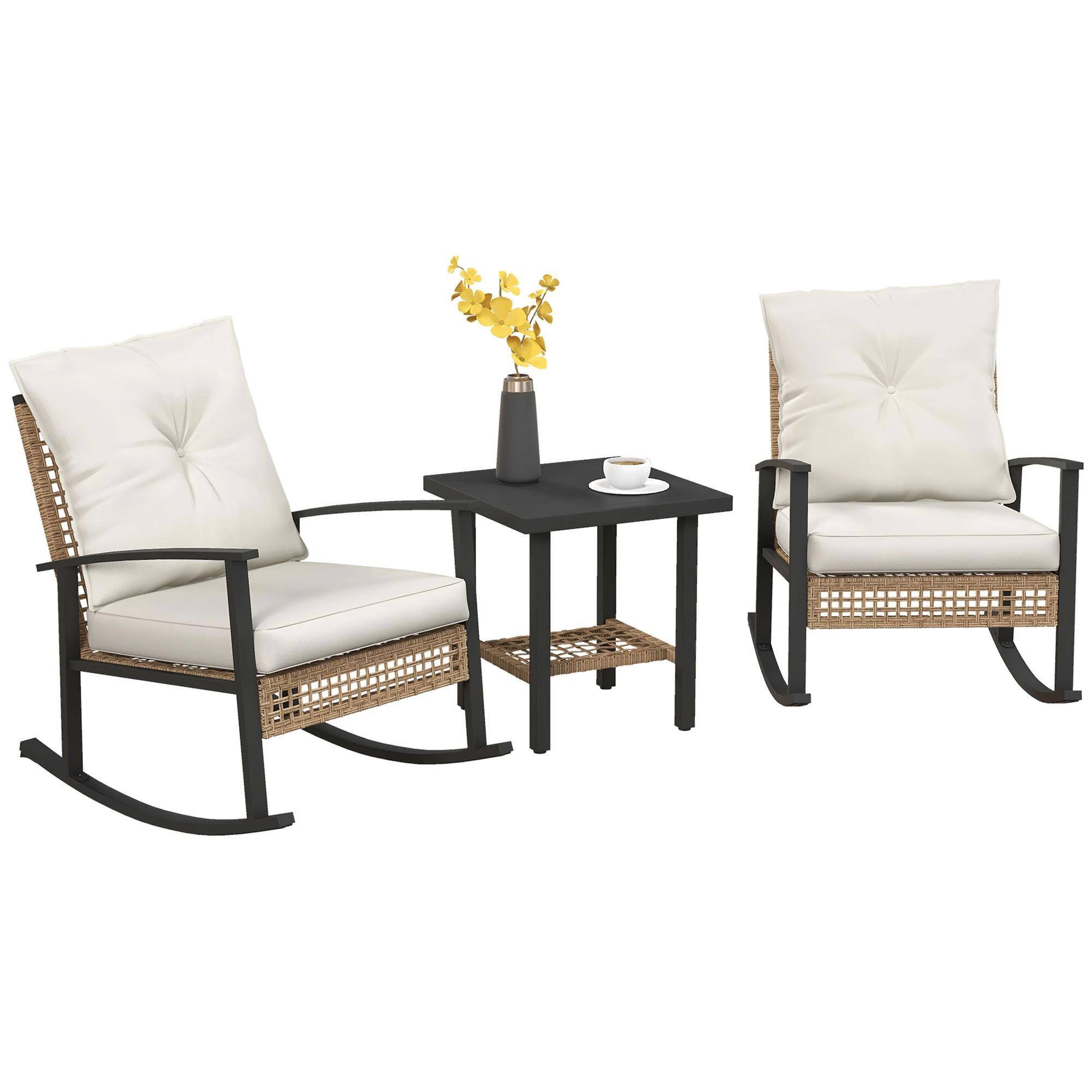 Spaco - 3-Piece Wicker Set, Rocking Chairs with Tufted Cushions,Coffee Table - White