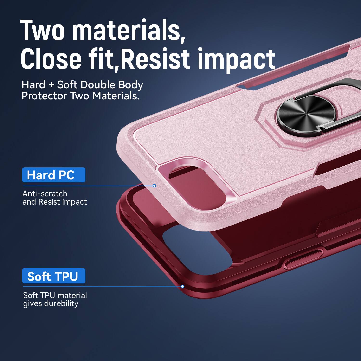Two materials, Close fit, Resist impact  
Hard + Soft Double Body Protector Two Materials.  
Hard PC  
Anti-scratch and Resist impact  
Soft TPU  
Soft TPU material gives durability