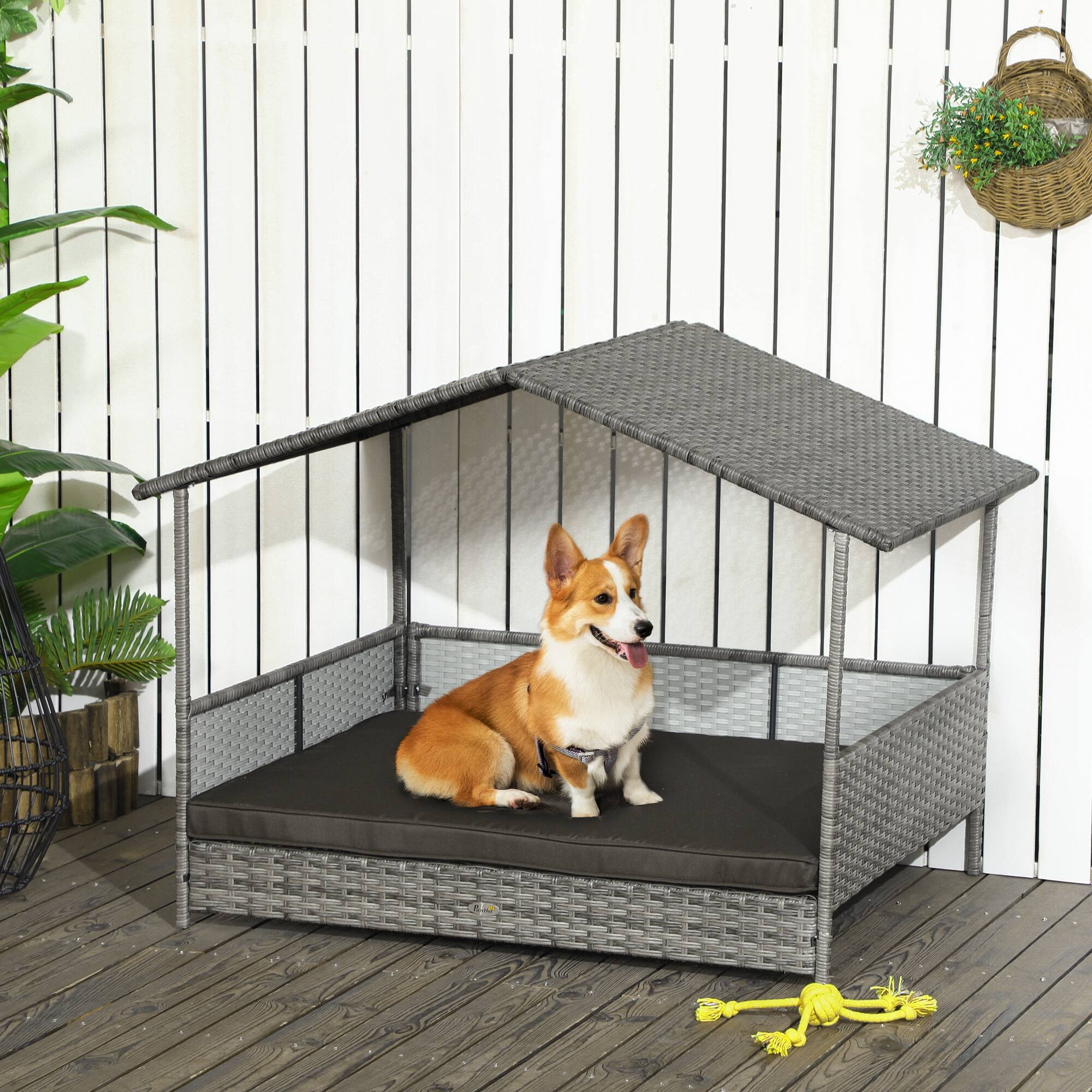 Alt View 1. Pawhut - Dog Bed with Canopy, Rattan Dog Bed with Soft Cushion Removable Cover for Medium and Large Dogs - Charcoal Gray.