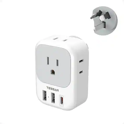 Front. TESSAN - US to Australia Travel Plug Adapter, Type I Power Adapter with 4 Outlets and 3 USB Ports (1 PD 20W USB C) - White and Gray.