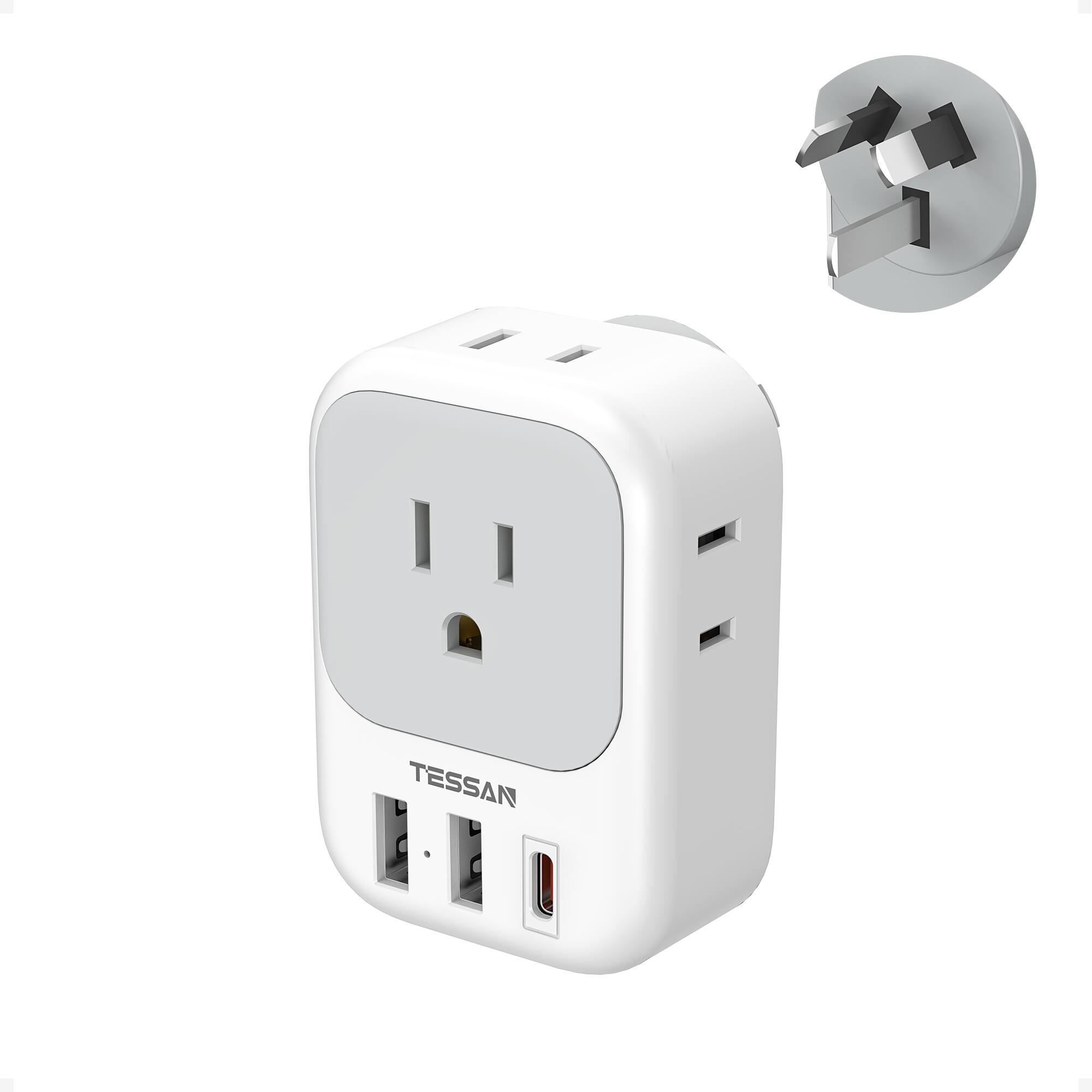 Front. TESSAN - US to Australia Travel Plug Adapter, Type I Power Adapter with 4 Outlets and 3 USB Ports (1 PD 20W USB C) - White and Gray.