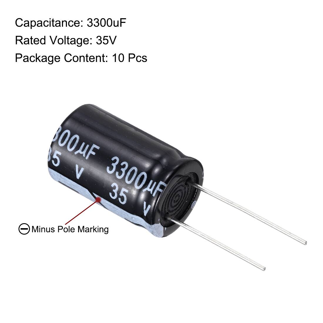 Capacitance: 3300uF  
Rated Voltage: 35V  
Package Content: 10 Pcs  

Minus Pole Marking