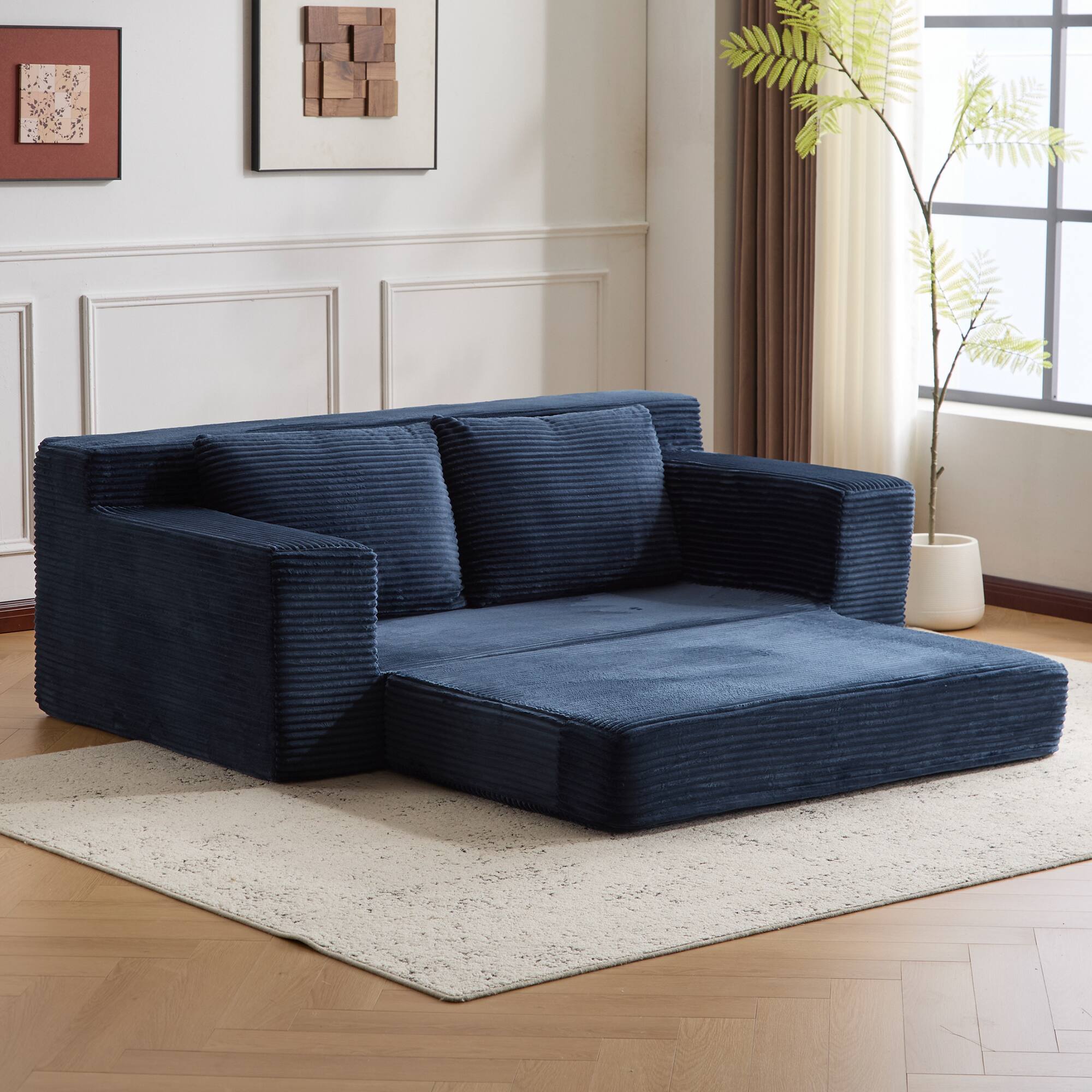 Left. Anysun - Loveseat Sofa Bed - Deep-Seat Corduroy Couch with Reversible Cushion & Pillows, No Assembly - Blue.