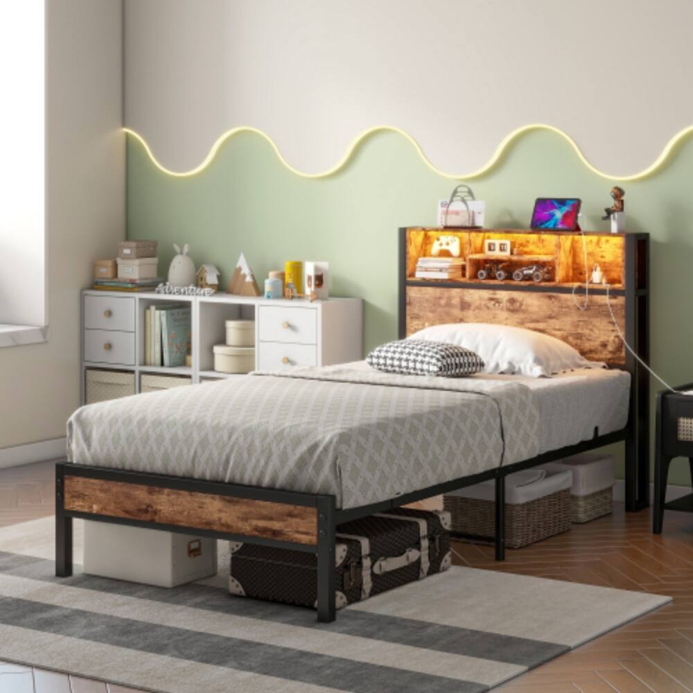 Angle. LUCKY ONE - Twin Size Bed Frame with Storage Headboard, USB Charging Station, Bookcase, RGB LED Lights, Metal Slats, No Box Spring - Brown.