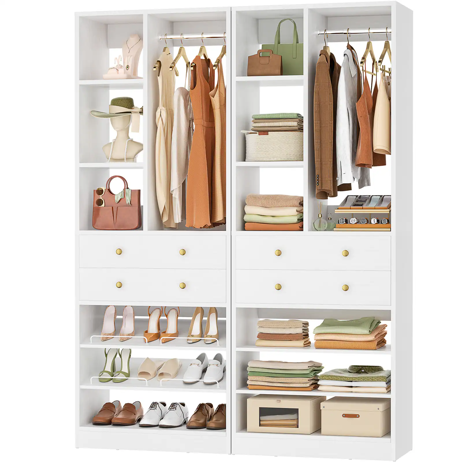 Angle. Aheaplus - 55.5" Closet Organizer System (2-Pack) – Free-Standing, 1200+ LBS, Drawers & Shelves for Small Walk-In Closets - White.