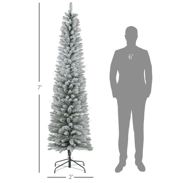 Alt View 3. PULUZ - 7ft Artificial Christmas Tree, Snow Flocked Branches, Metal Base, Pencil Xmas Tree - Green.
