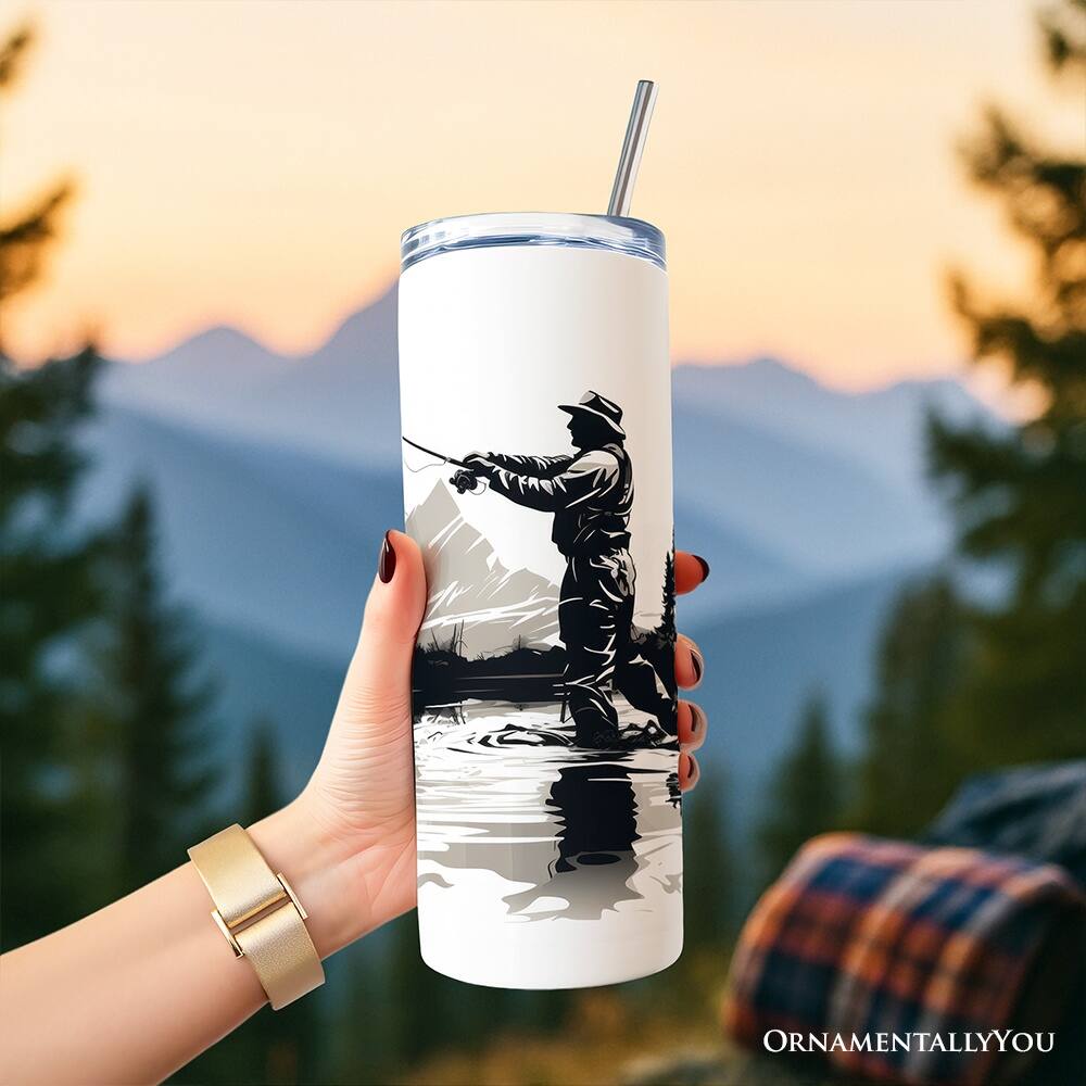 Back. OrnamentallyYou - Fly Fishing Mountain Lake Scene 20oz Tumbler With Lid and Stainless Steel Straw - Multicolored.