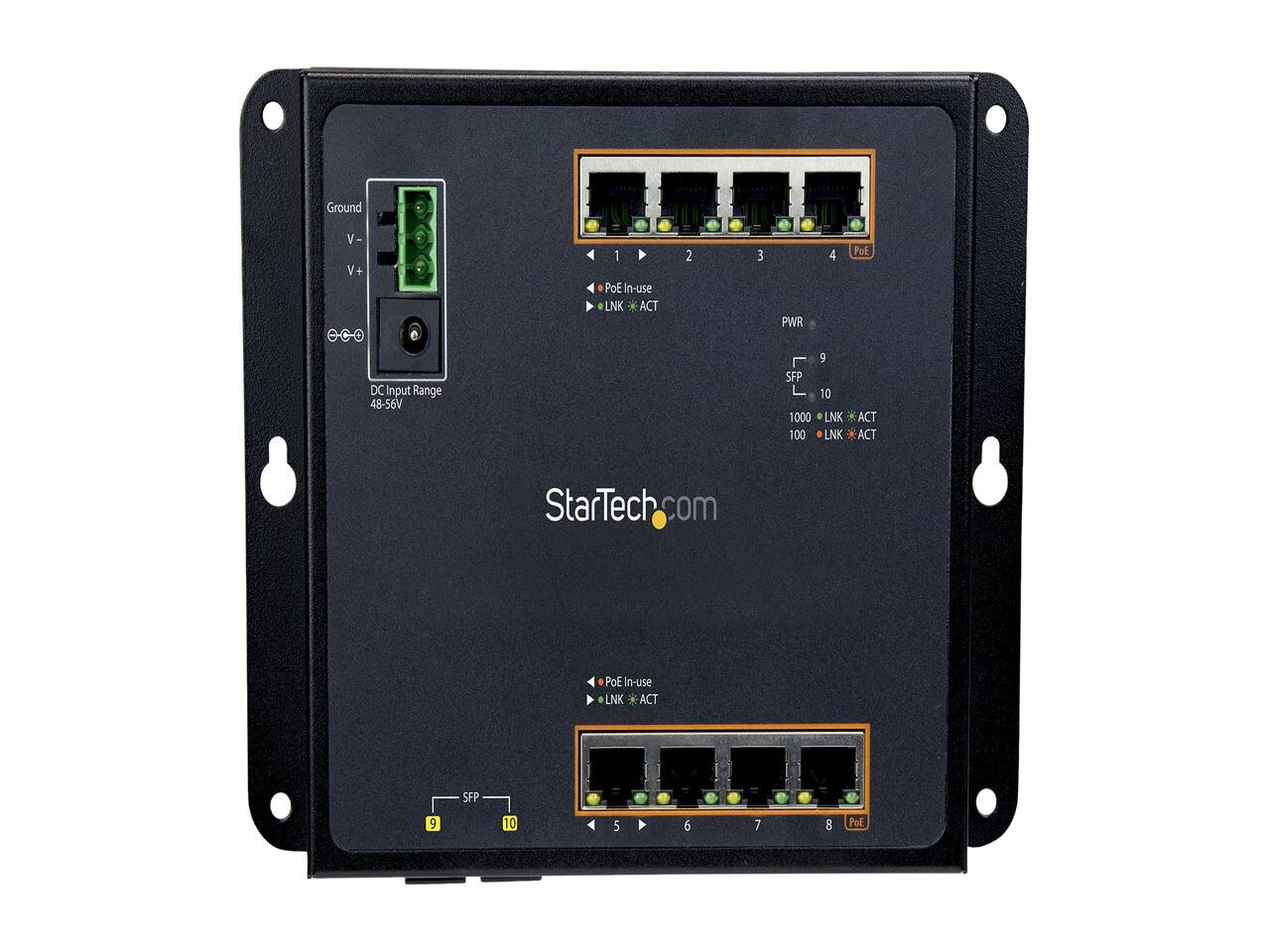 Ground  
V- V+  
1 PoE In-use LNK ACT  
2  
3  
PWR  
4  
PoE  
DC Input Range 48-56V  
9 SFP 10 1000 LNK 100 LNK  
ACT ACT  
StarTech.com  
PoE In-use LNK ACT  
SFP  
9  
10  
5  
6  
7  
8  
PoE