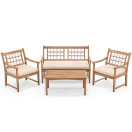 Costway - 4 PCS Wood Patio Furniture Set with Soft Seat Cushions Solid Acacia Wood Frame - Off White,Natural