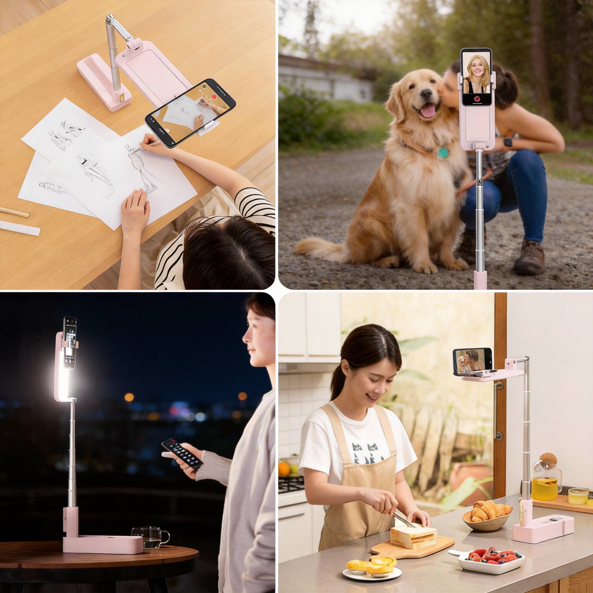 Left. METALTON - Overhead Phone Stand For Recording Mount Foldable extendable rechargeable With Light wireless Remote Photo ... - Pink.