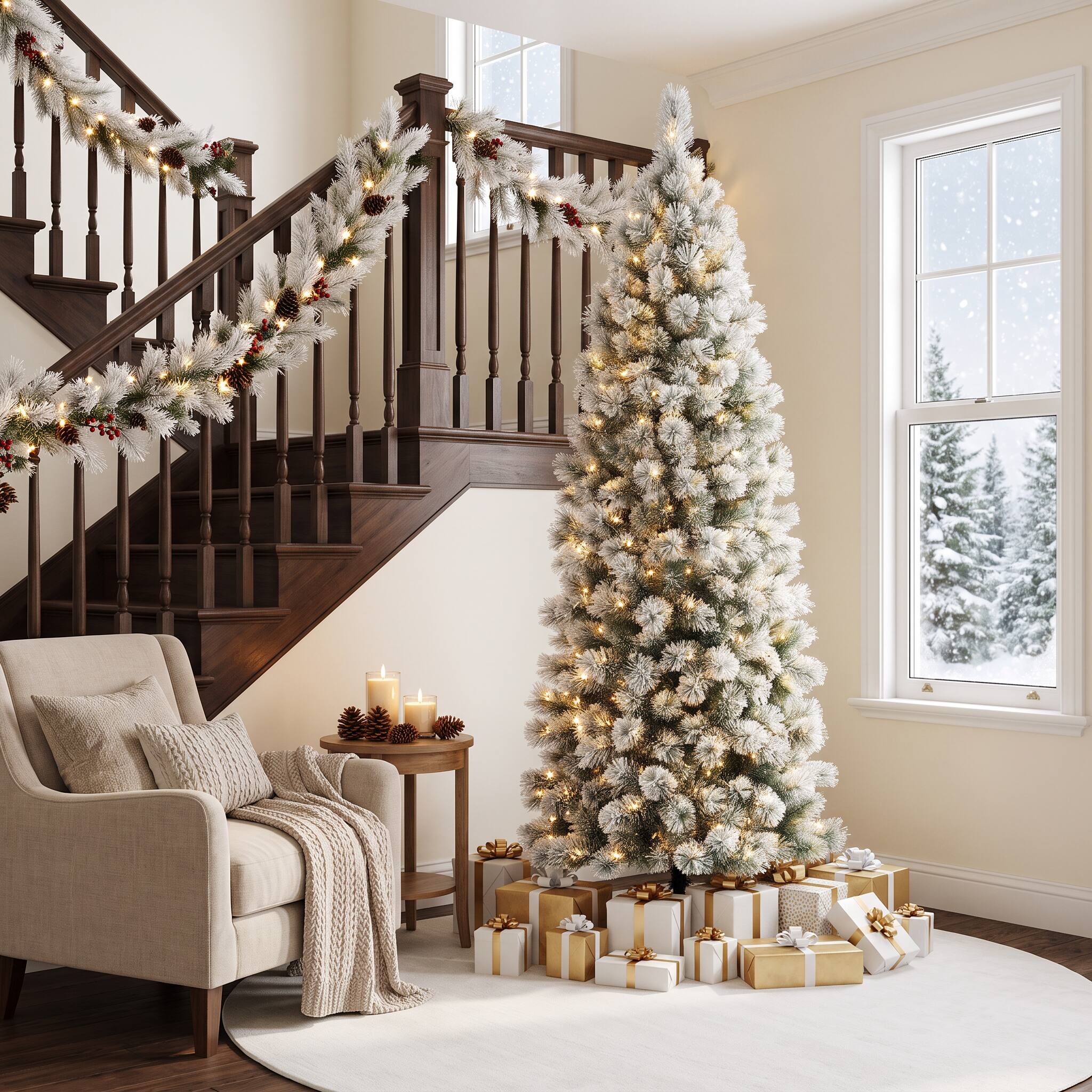 Alt View 8. Glitzhome - 7.5ft Pre-Lit Flocked Pencil Pine Artificial Christmas Tree with 350 Lights - White.