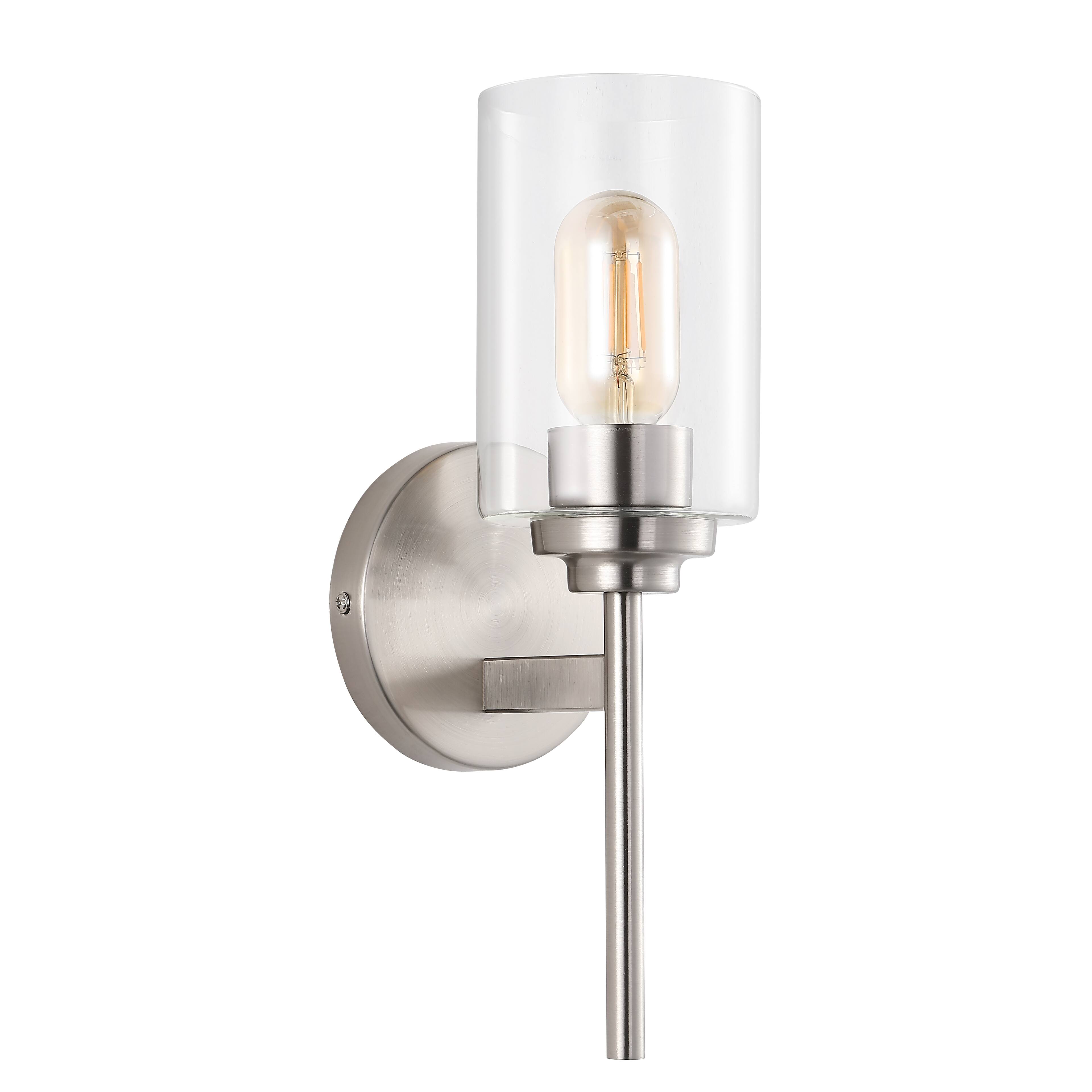 Alt View 5. Jonathan Y - Juno 13" 1-Light Farmhouse Industrial Metal/Glass Cylinder LED Sconce, Nickel/Clear - Nickel.