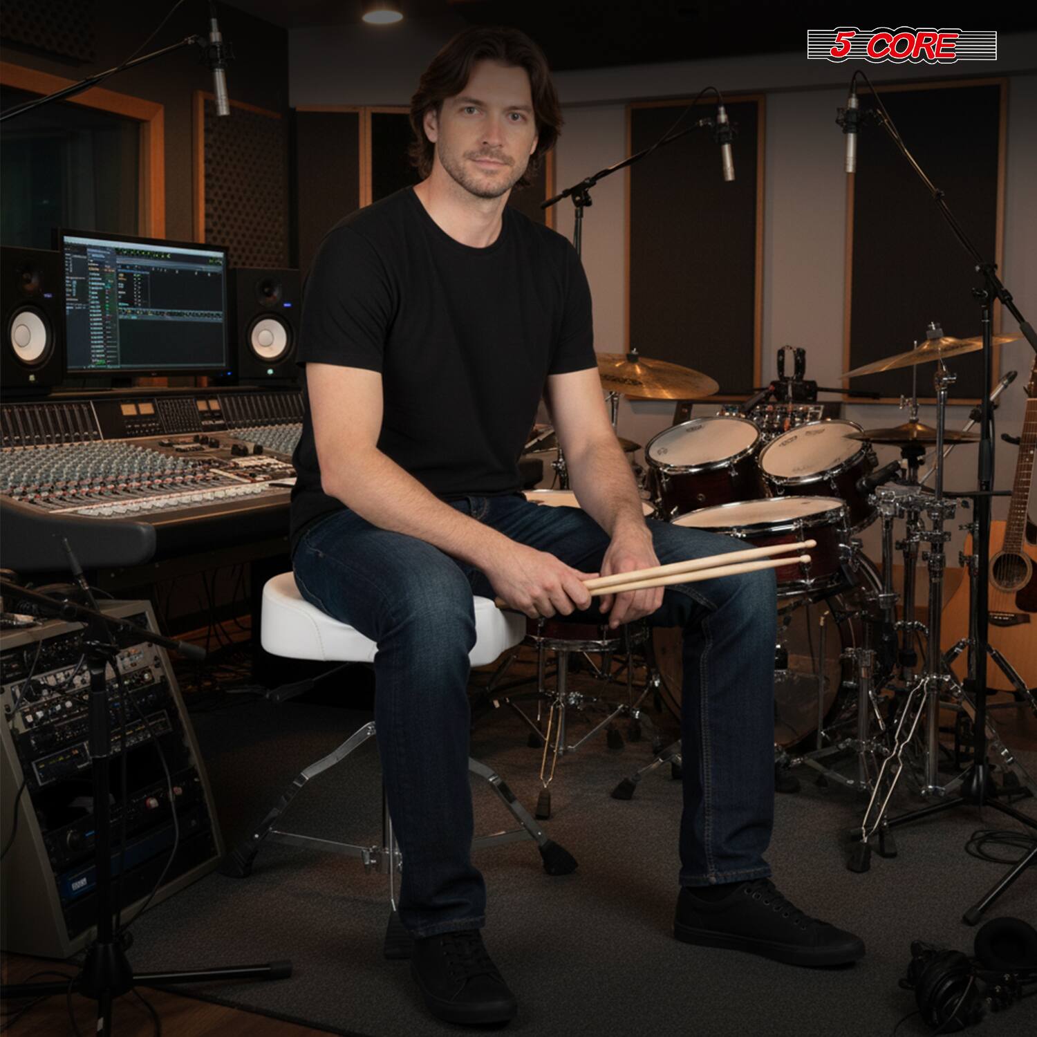 Alt View 4. 5 CORE - 5 Core Drum Throne w Backrest 4" Padded Stool Adjustable 24.5" Drummer Chair w 441Lb Capacity - White.