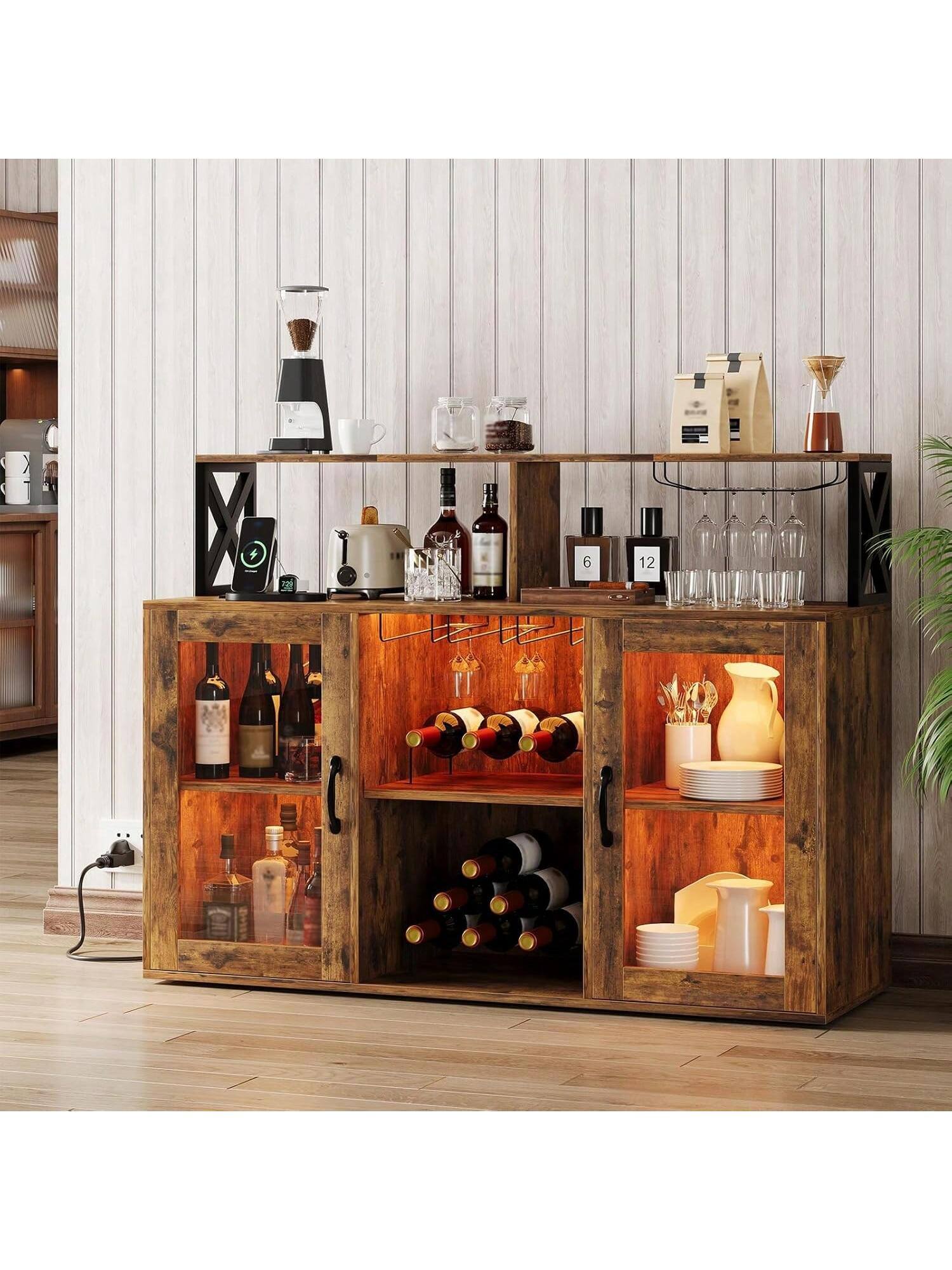 Front. GARVEE - Wine Bar Cabinet With LED Light, Industrial Coffee Bar Cabinet, Kitchen Sideboard Buffet Cabinet For Living Room, Brown - Brown.