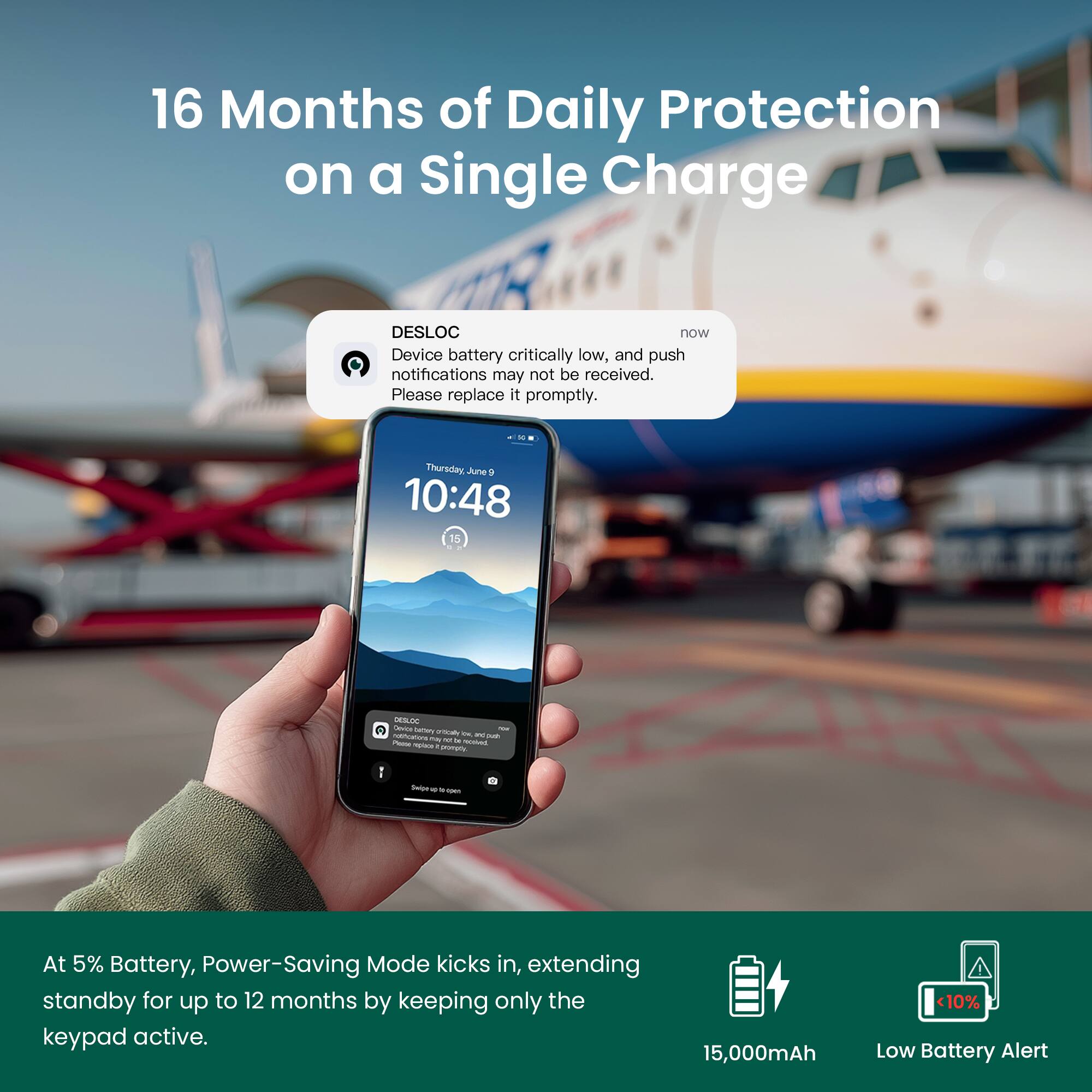 16 Months of Daily Protection on a Single Charge

DESLOC  
Device battery critically low, and push notifications may not be received. Please replace it promptly.  
- Thursday June 9  
- 10:48  
- 15%  

At 5% Battery, Power-Saving Mode kicks in, extending standby for up to 12 months by keeping only the keypad active.  

15,000mAh  
Low Battery Alert