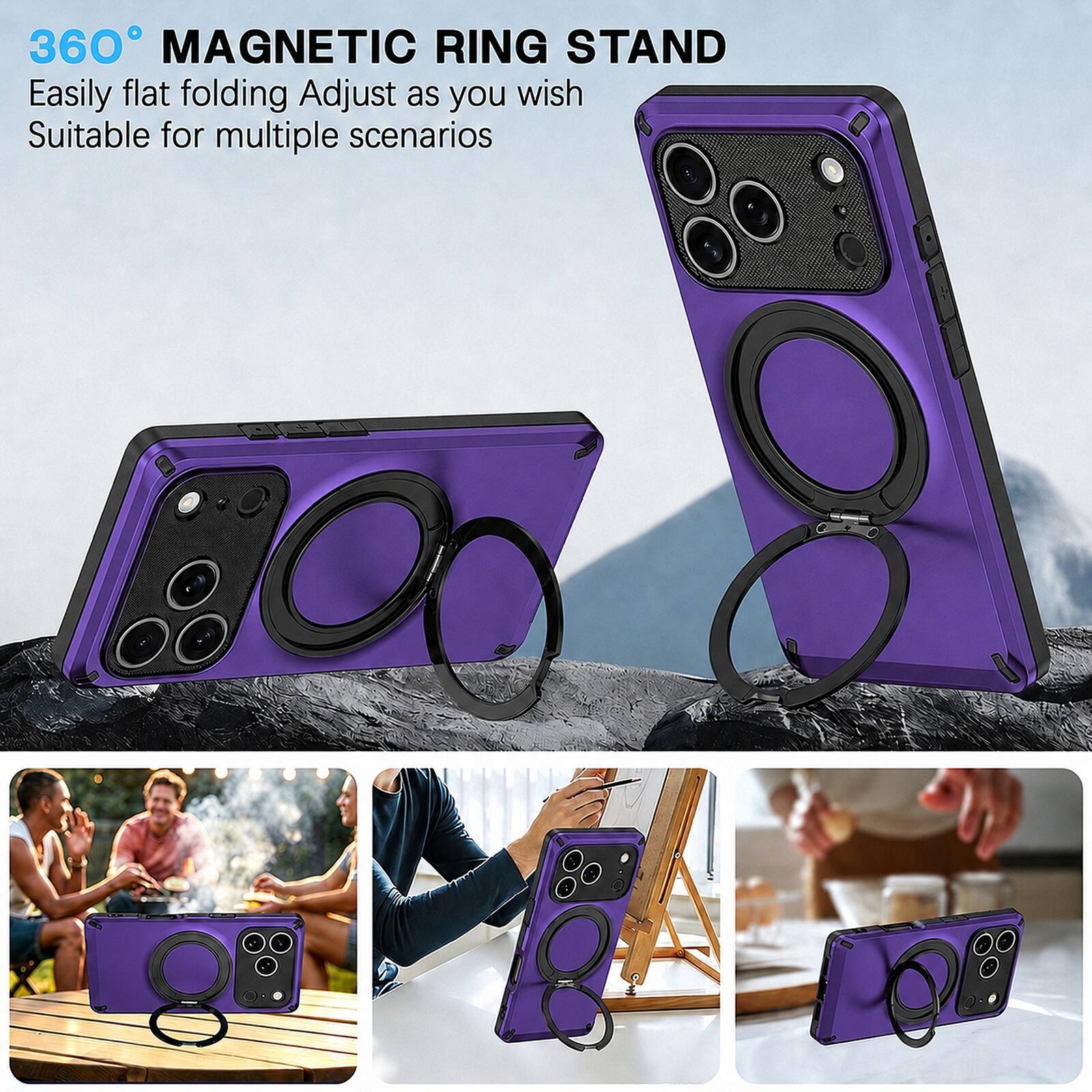 360° MAGNETIC RING STAND  
Easily flat folding Adjust as you wish  
Suitable for multiple scenarios