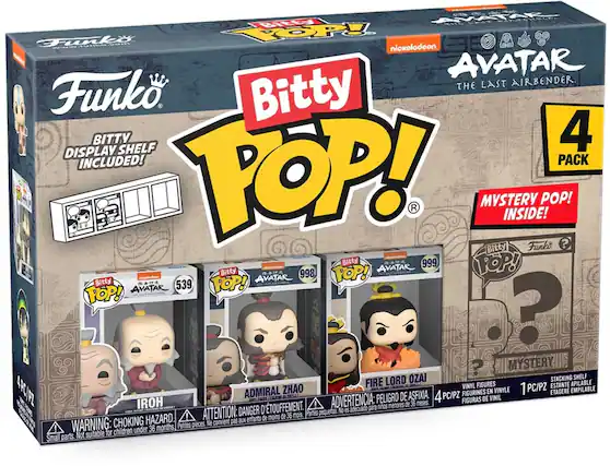 AVATAR THE LAST AIRBENDER. Funko Bitty DISPLAY SHELF 4 INCLUDED! PACK TOP! R MYSTERY Bitty INSIDE! Funko POP! ? Bitty 999 TOP! Bitty 998 POP! AVATAR Bitty POP! AVATAR AVATAR 539 POP! ? MYSTERY OZAI STACKING SHELF FIRE LORD VINYL FIGURES ESTANTE APILABLE 4PC/FZ ADMIRAL ZHAO FIGURINES EN VINYLE 1 PC/PZ ETAGERE EMPILABLE ADVERTENCIA: PELIGRO DE ASFIXIA. 4PC/PZ FIGURAS DE VINIL IROH D TOUFFEMENT. adecuado para nios menores de 36 meses. ATTENTION: DANGER pequeras. No es de 36 mois. Partes HAZARD. aux enfants de moins WARNING: CHOKING pieces. Ne convient pas ! 36 months Petites for children under Small parts Not sutable