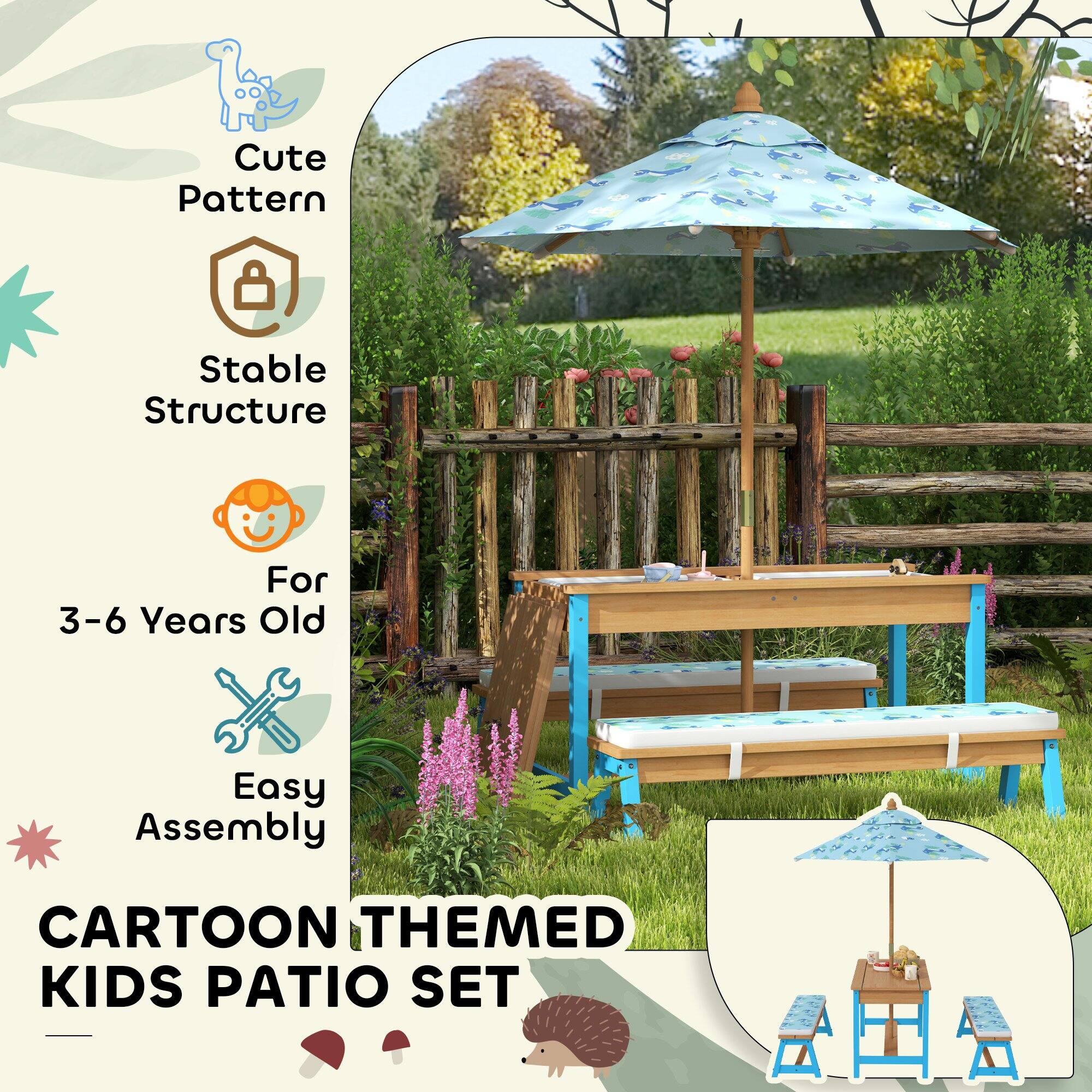 Cute Pattern  
Stable Structure  
For 3-6 Years Old  
Easy Assembly  

CARTOON THEMED KIDS PATIO SET