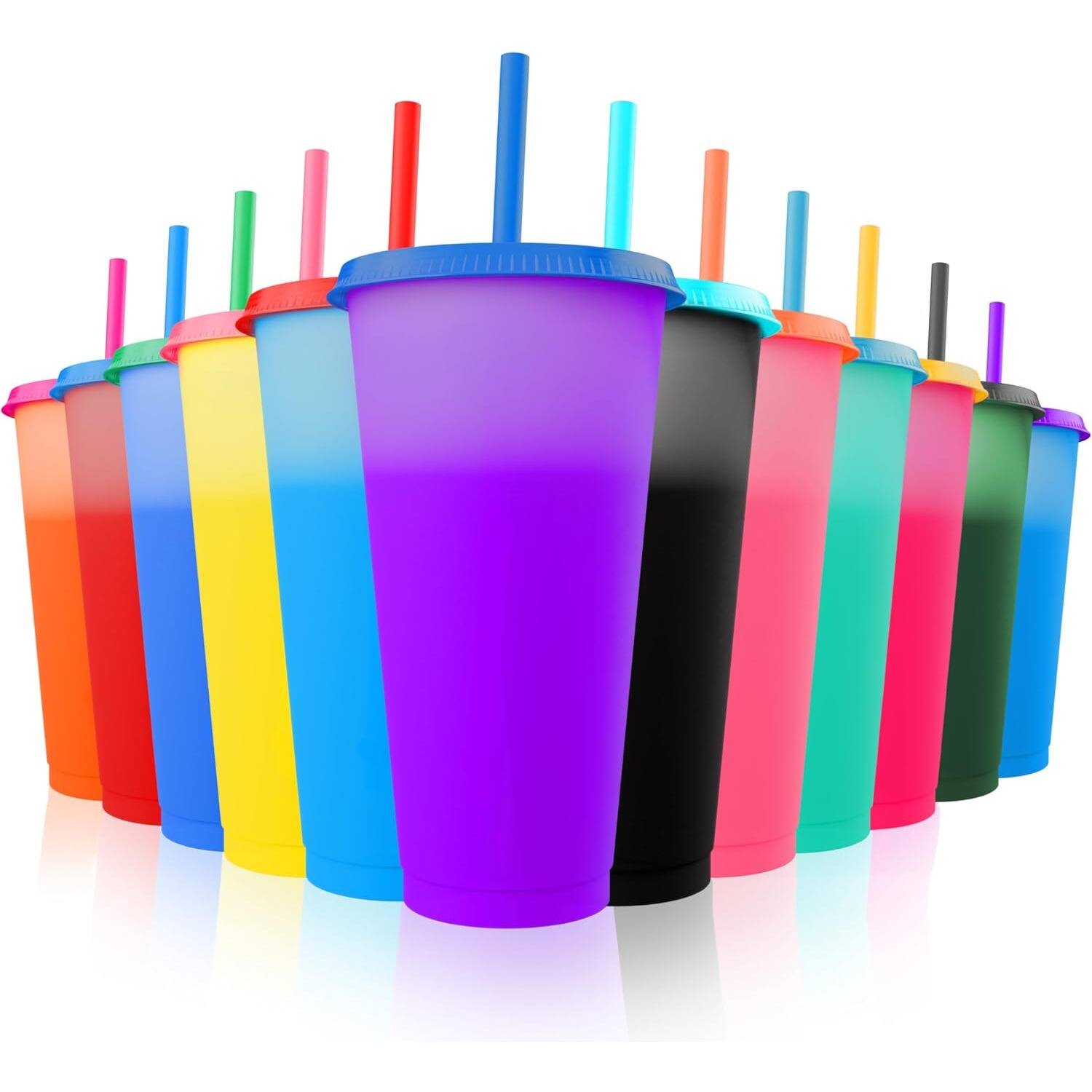 Front. PARKER SLATER - 12-pack 24oz color changing reusable cups with lids and straws, multicolor tumblers for cold drinks and smoothies. - Multicolor.