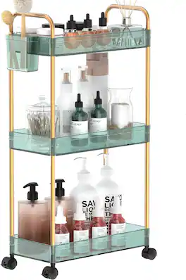 Wikistore - 3-Tier Acrylic Rolling Cart, Clear Bathroom Organizer, Laundry Room Shelving Unit - Green