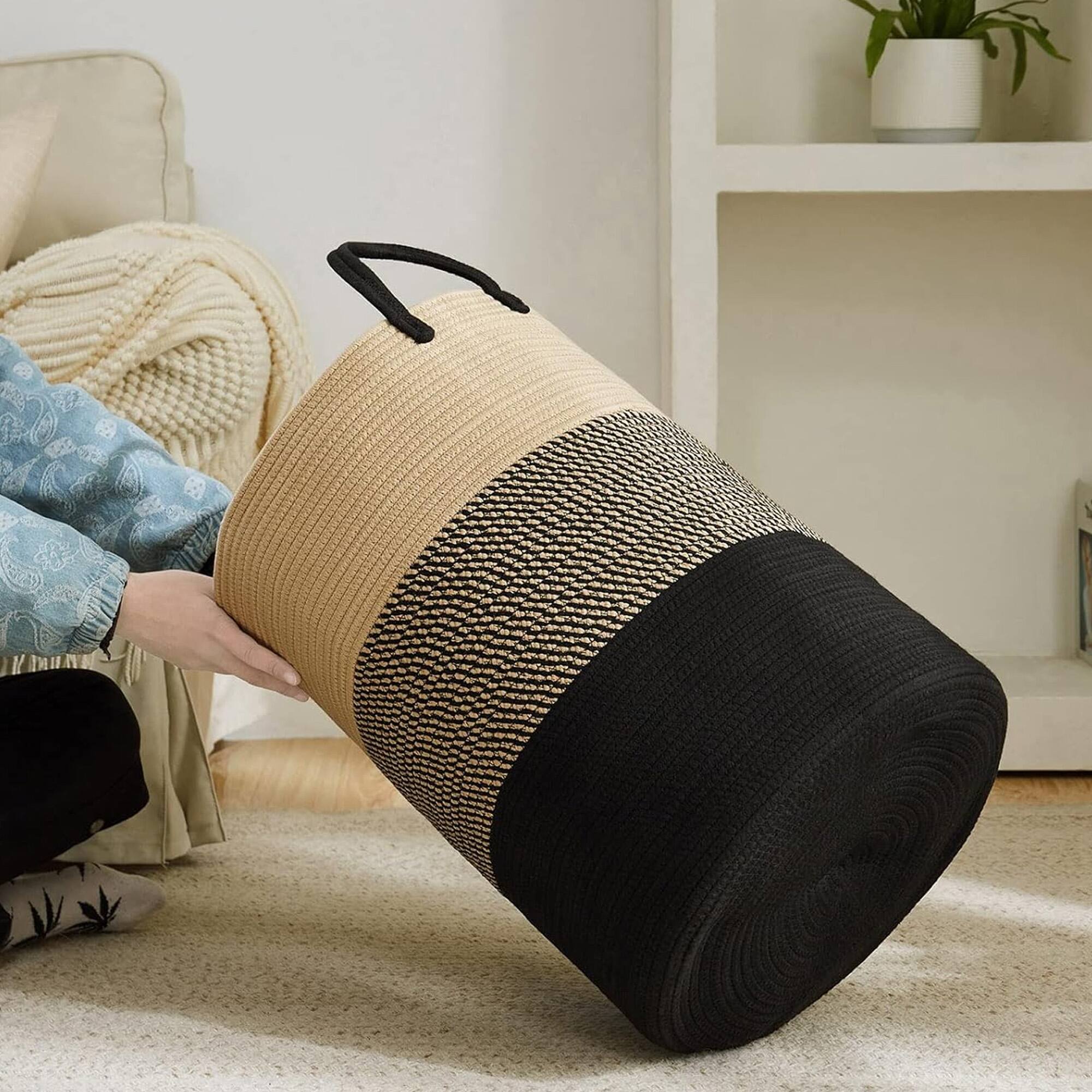 Back. Cheer Collection - Woven Cotton Rope Laundry Hamper – Large 16 x 16 x 22 in Storage Basket with Reinforced Handles - 3 Tone Black/Gray/Tan - Black Gray Tan.