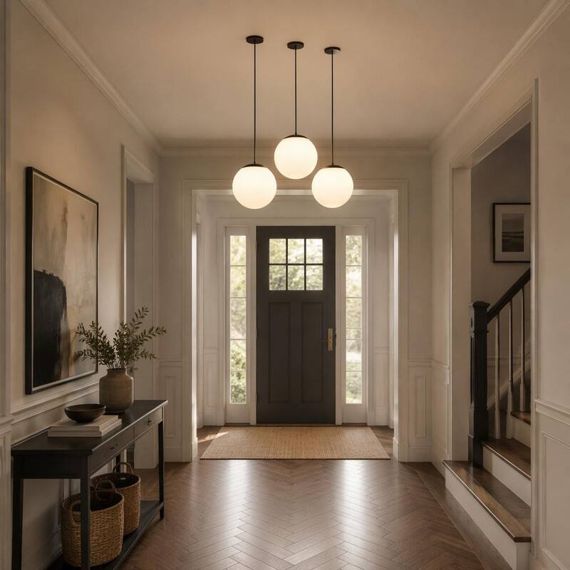 Back. RYHNUYNE - Modern Globe Pendant Light,Frosted White Glass Shade Hanging Ceiling Light for Kitchen Island Dining Room - Black.
