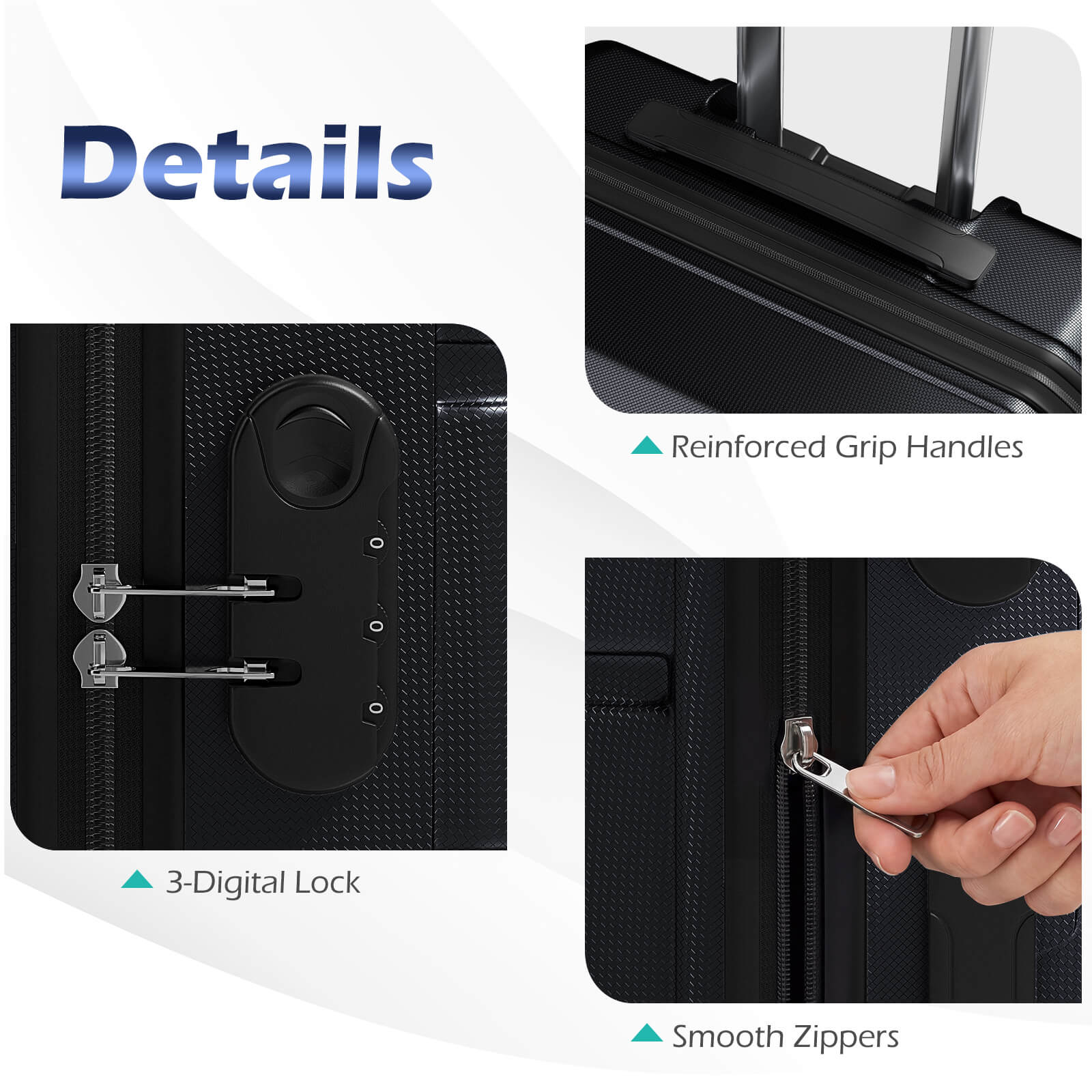 Details  
- Reinforced Grip Handles  
- 3-Digital Lock  
- Smooth Zippers