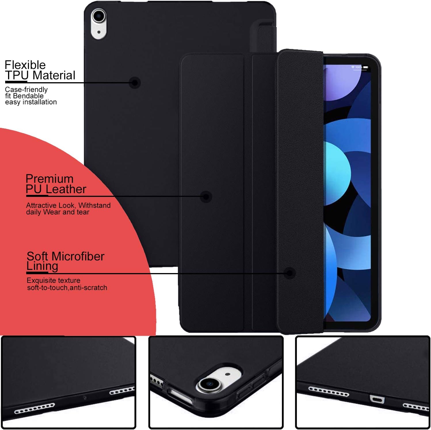 Flexible TPU Material  
Case-friendly fit, Bendable, easy installation  

Premium PU Leather  
Attractive Look, Withstand daily Wear and tear  

Soft Microfiber Lining  
Exquisite texture, soft-to-touch, anti-scratch