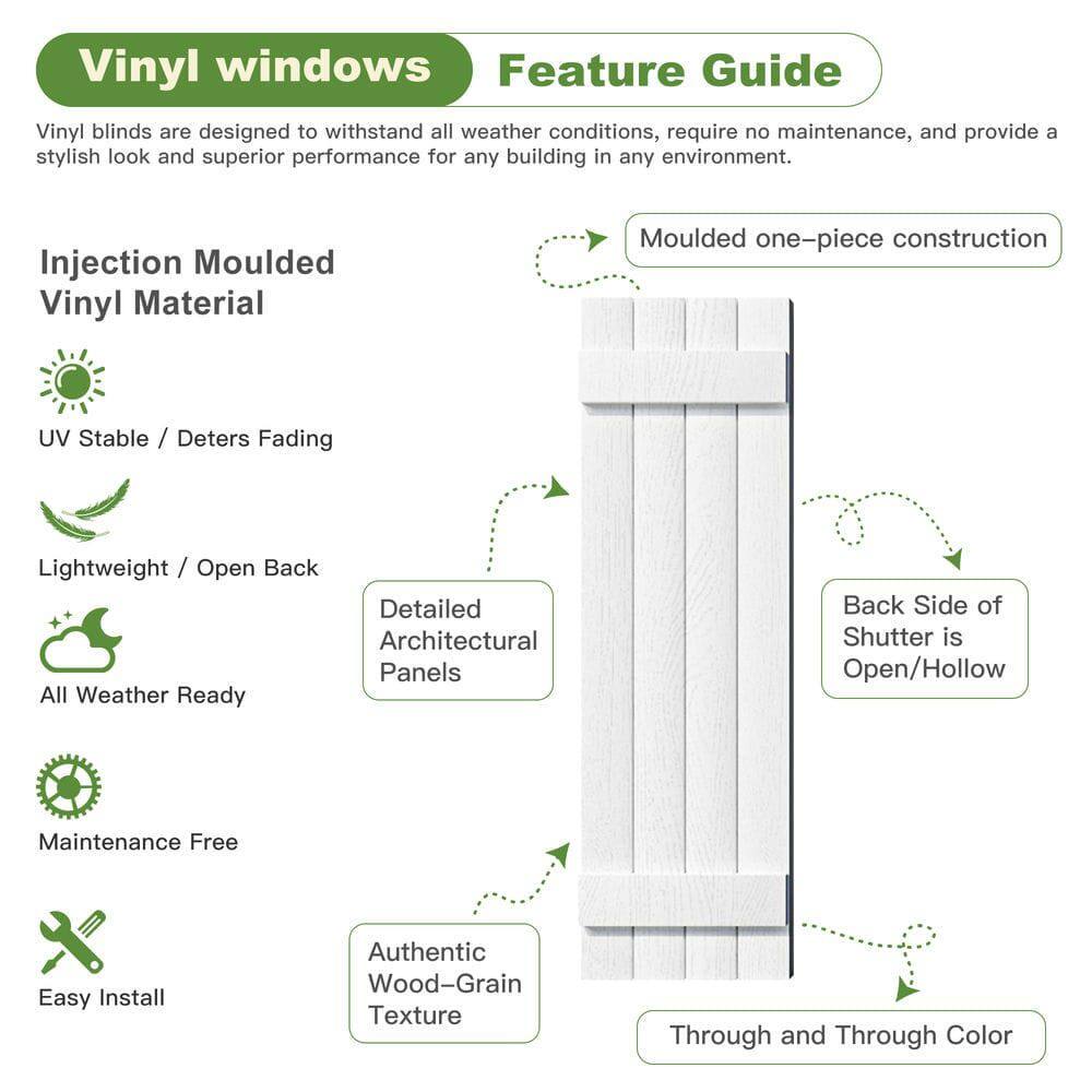 Vinyl windows Feature Guide

Vinyl blinds are designed to withstand all weather conditions, require no maintenance, and provide a stylish look and superior performance for any building in any environment.

- Injection Moulded Vinyl Material
  - UV Stable / Deters Fading
  - Lightweight / Open Back
  - All Weather Ready
  - Maintenance Free
  - Easy Install
  - Authentic Wood-Grain Texture
  - Through and Through Color
  - Moulded one-piece construction
  - Detailed Architectural Panels
  - Back Side of Shutter is Open/Hollow