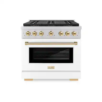 Front. ZLINE - 36 in. Wide 6 Burner 5.2 cu. ft. Autograph Paramount Dual Fuel Freestanding Range w/ DuoPro Cooktop with Gold Accents - Stainless Steel with White Matte Door.