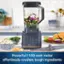 The image features a kitchen counter with a blender on it. The blender is filled with food, and the counter also has a bowl of food and a knife. The blender is described as a powerful 1100-watt motor that effortlessly crushes tough ingredients.