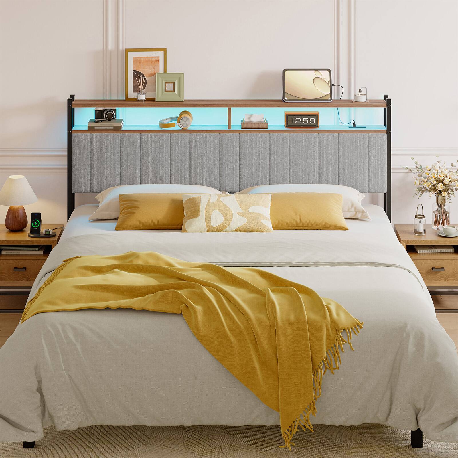 Left. Pinmoco - Linen Upholstered Storage Headboard LED Headboard with Charging Station - Gray.