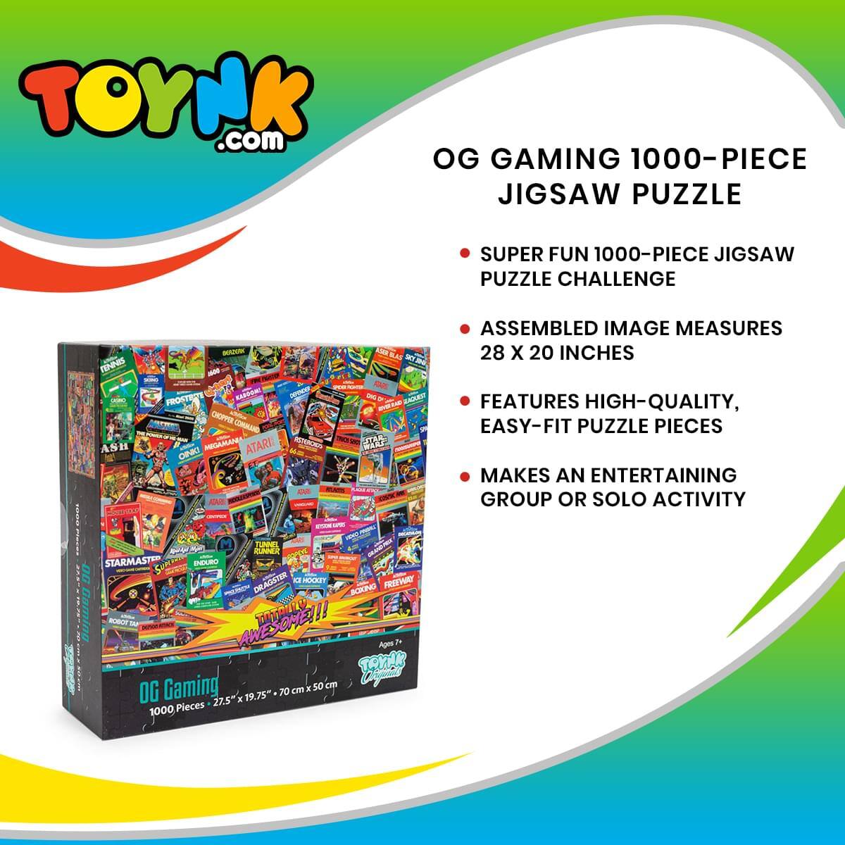TOYNK.com OG GAMING 1000-PIECE JIGSAW PUZZLE

- SUPER FUN 1000-PIECE JIGSAW PUZZLE CHALLENGE
- ASSEMBLED IMAGE MEASURES 28 X 20 INCHES
- FEATURES HIGH-QUALITY, EASY-FIT PUZZLE PIECES
- MAKES AN ENTERTAINING GROUP OR SOLO ACTIVITY

OG Gaming 1000 Pieces - 27.5 x 19.75 x 70 cm x 50 cm