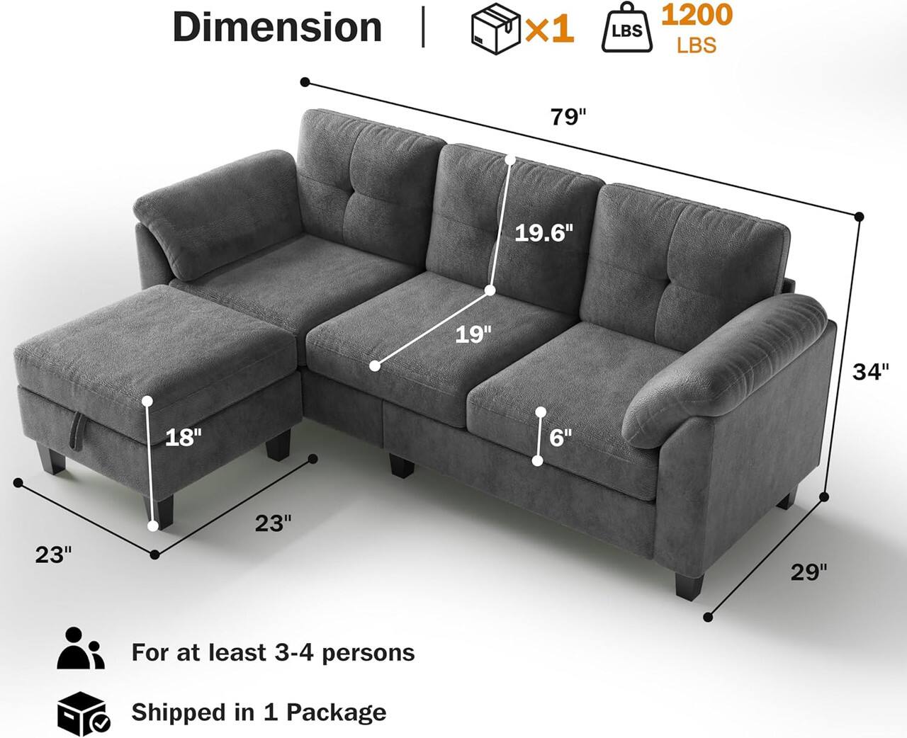 Dimension | x1 1200 LBS  
79" 19.6" 19" 34" 18" 6" 23" 23" 29"  
For at least 3-4 persons  
Shipped in 1 Package