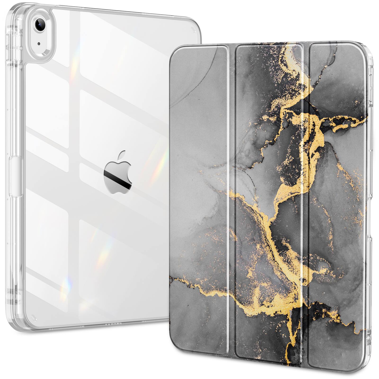 DTTO - Case for iPad (A16)/10th Gen (2025/2022), clear hard back, soft TPU frame, slim trifold stand, auto wake/sleep - Black Gold Marble