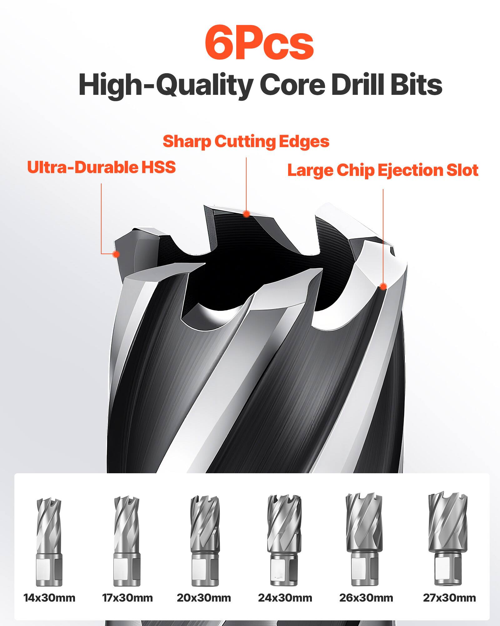 6Pcs High-Quality Core Drill Bits

Sharp Cutting Edges
Ultra-Durable HSS
Large Chip Ejection Slot

14x30mm
17x30mm
20x30mm
24x30mm
26x30mm
27x30mm
