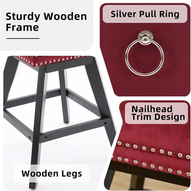 Sturdy Wooden Frame  
Silver Pull Ring  
Nailhead Trim Design  
Wooden Legs