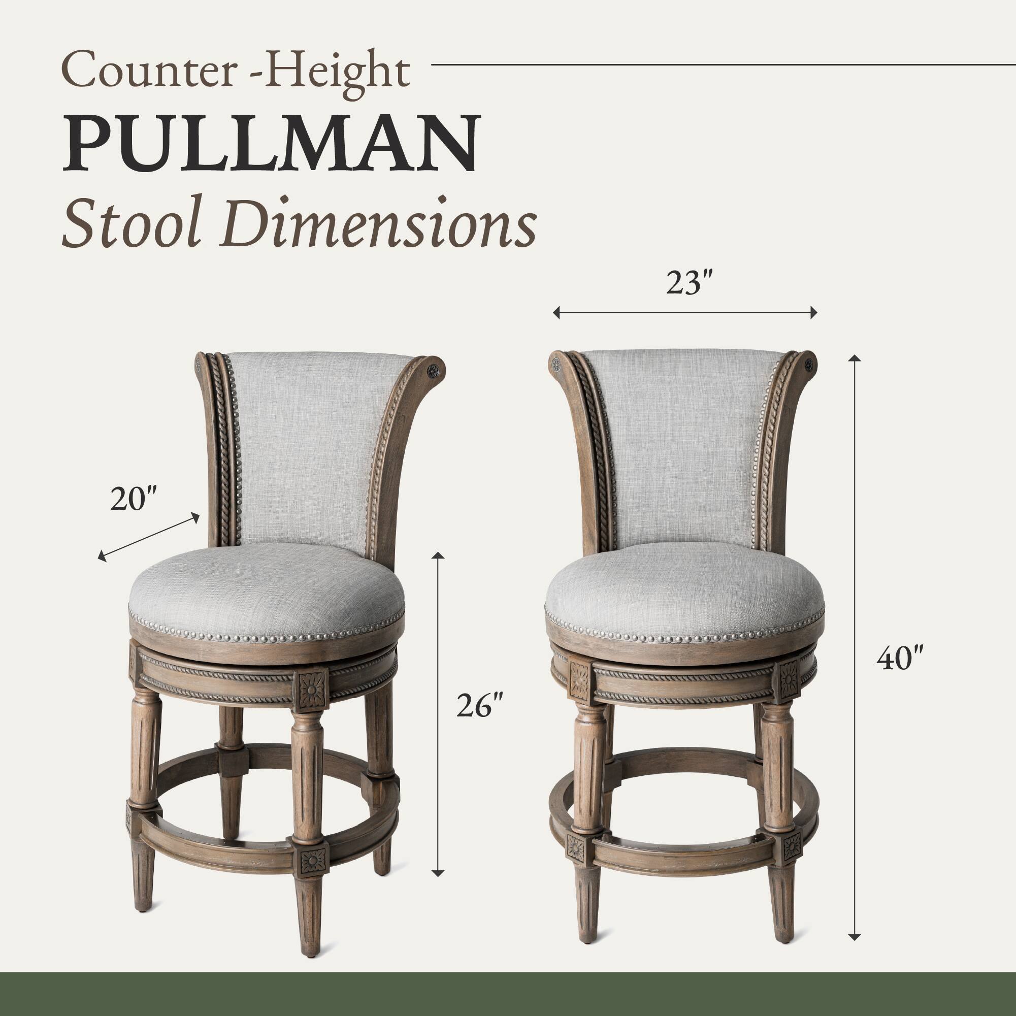 Counter-Height PULLMAN Stool Dimensions  
23" (width)  
20" (seat width)  
26" (height from seat to floor)  
40" (overall height)