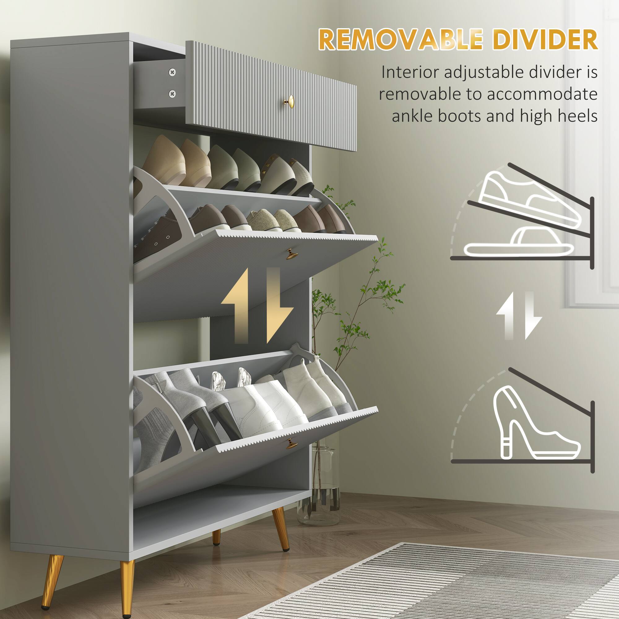 A REMOVABLE DIVIDER Interior adjustable divider is removable to accommodate ankle boots and high heels