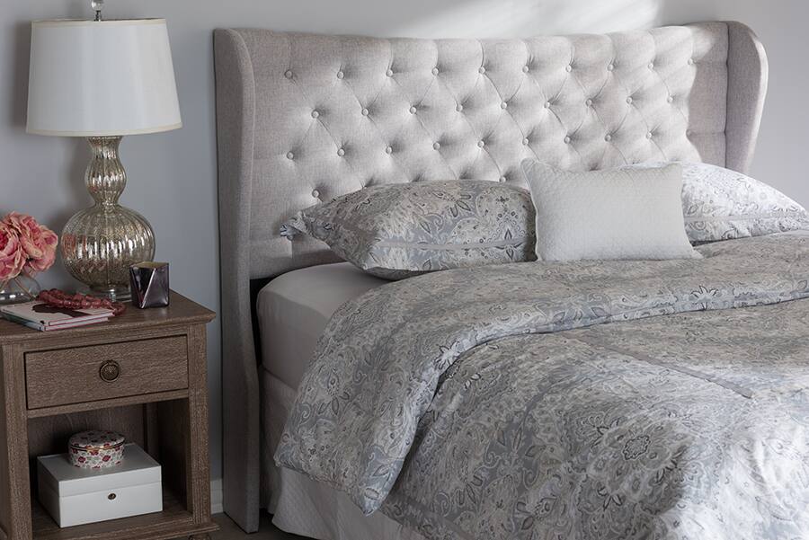 Angle. Baxton Studio - Cadence Modern and Contemporary Fabric Button-Tufted Queen Size Winged Headboard - Greyish Beige.