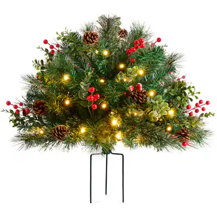 Front. Best Choice Products - Best Choice Products Large Pre-Lit Christmas Urn Filler,w/ Pinecones &Berries, White & Multi LED Lights, 26" Diameter - Green.