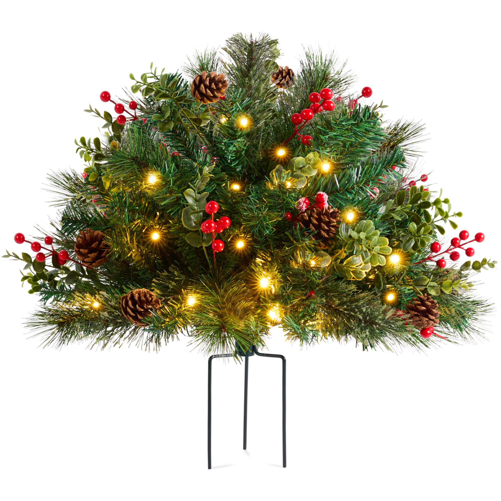 Best Choice Products - Large Pre-Lit Christmas Urn Filler,w/ Pinecones &Berries, White & Multi LED Lights, 26" Diameter - Green