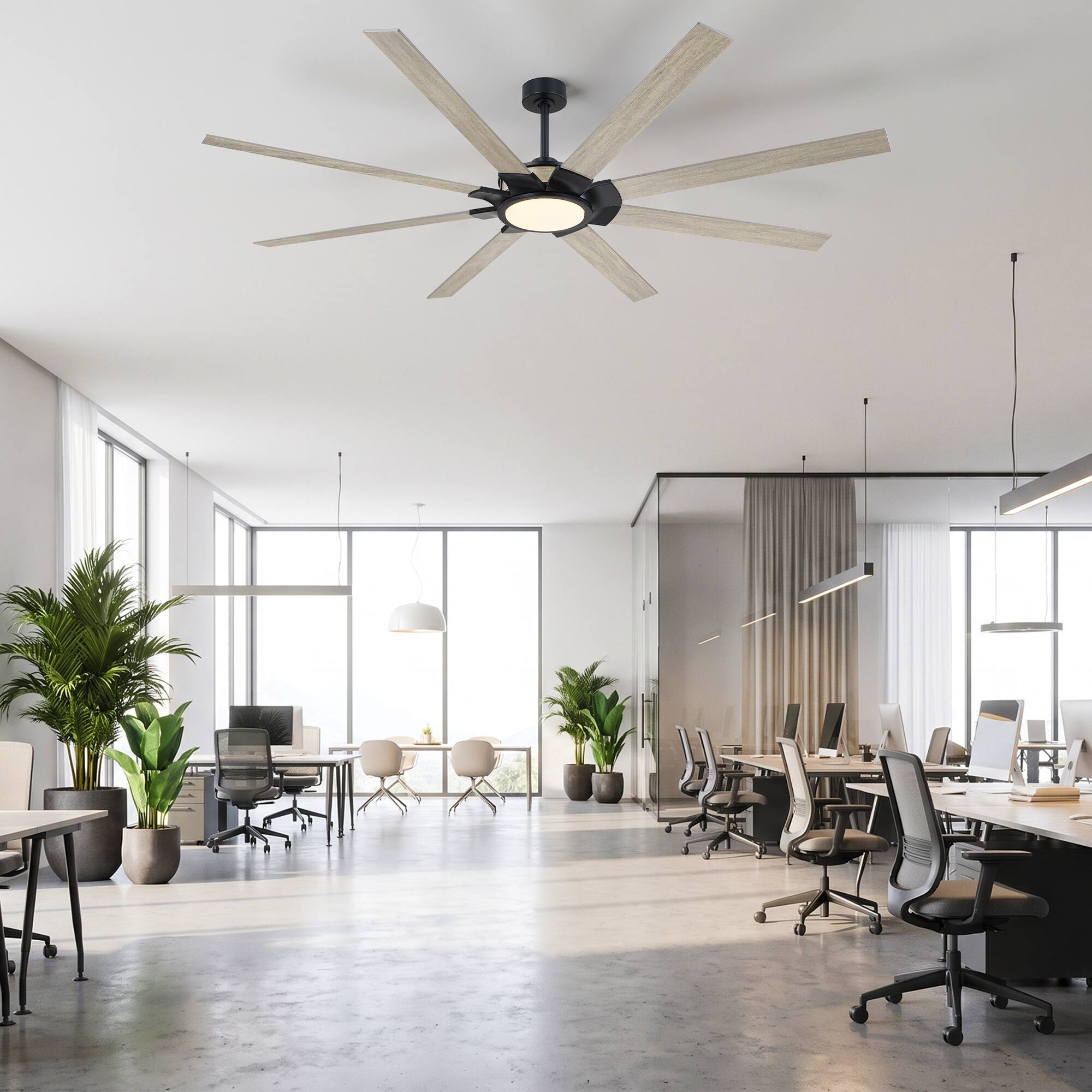 Left. Parrot Uncle - 84 Inch Industrial 8 Blades Large Windmill Ceiling Fan with Dimmable LED Light and Remote - Black.