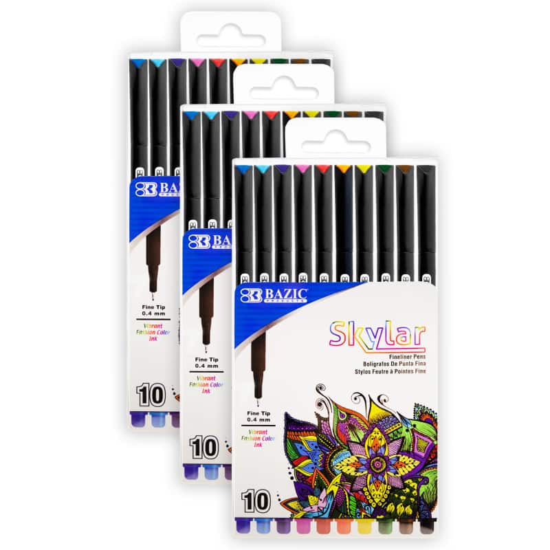BAZIC Products - Skylar 0.4 mm Fineliner Pen, 10 Per Pack, 3 Packs